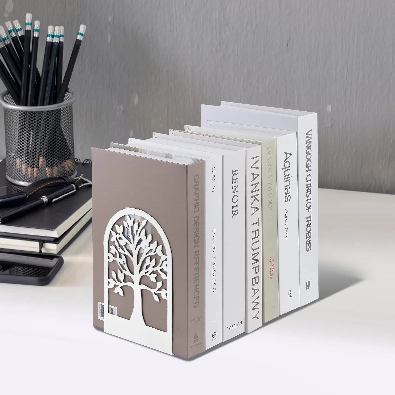 MSDADA 3 Pares de Sujetalibros de Metal para Niños, Diseño de árbol de la Suerte, Antideslizante Estantería para Oficina y Escuela Decoración Día del Niño Regalo (Blanco)