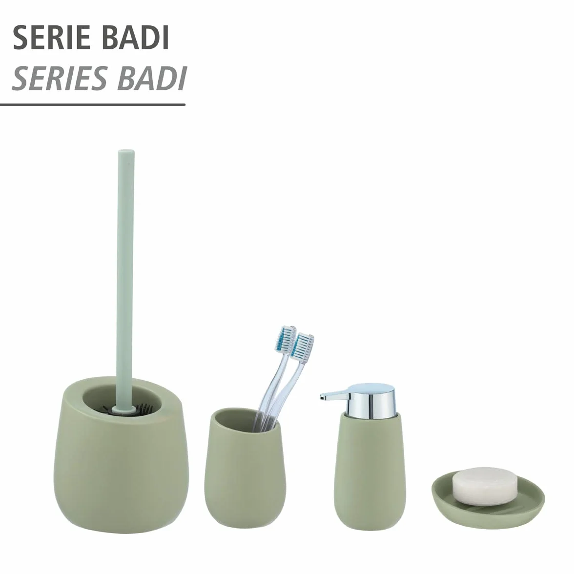 WENKO Vaso higiene dental Badi cerde suave cerámica - Soporte para cepillos de dientes, para cepillos y pasta de dientes, Cerámica, 8 x 11 x 8 cm, Verde