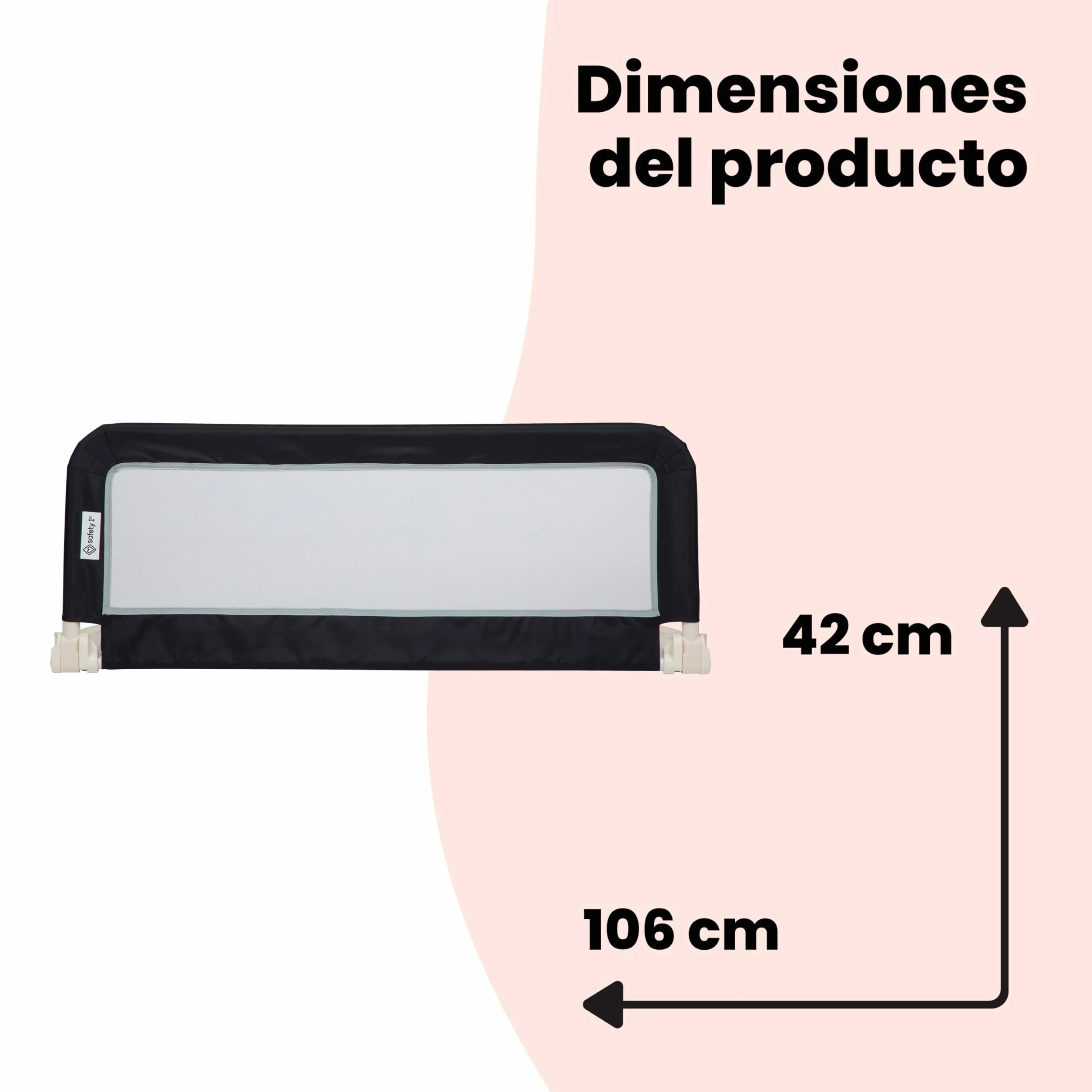 Safety 1st Barrera Cama Portátil 106 x 42cm, Barrera de Seguridad Niños Cama Plegable, 18M-5A, Barrera Cama Niños Viaje, Tejido de Malla, Fácil Instalación, Bloqueo Automático, Fácil Transporte, Grey