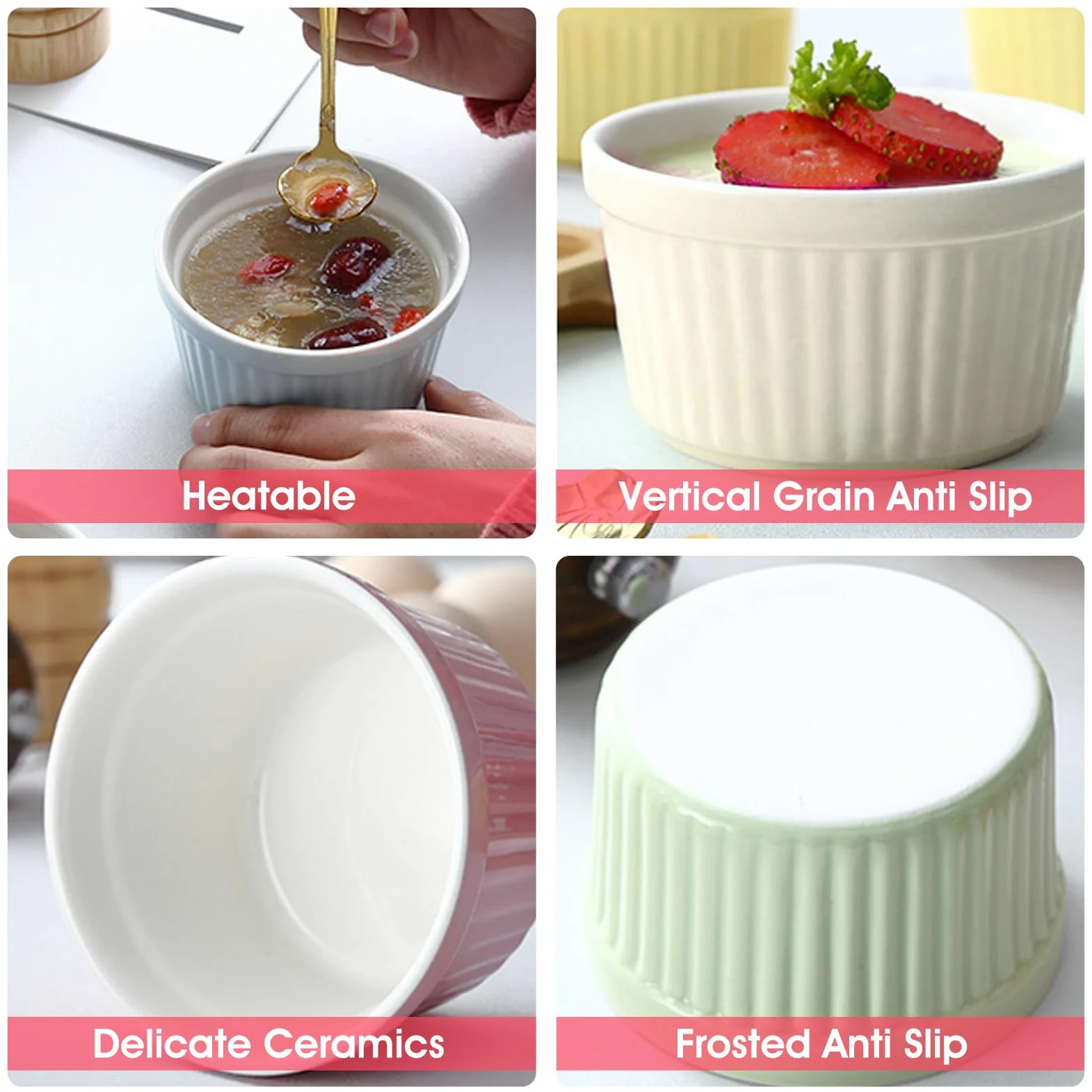 Juego de 4 moldes de cerámica for ramequines con bandeja de 4 oz for horno, cuencos pequeños for hornear, moldes apilables for crema brûlée y natillas