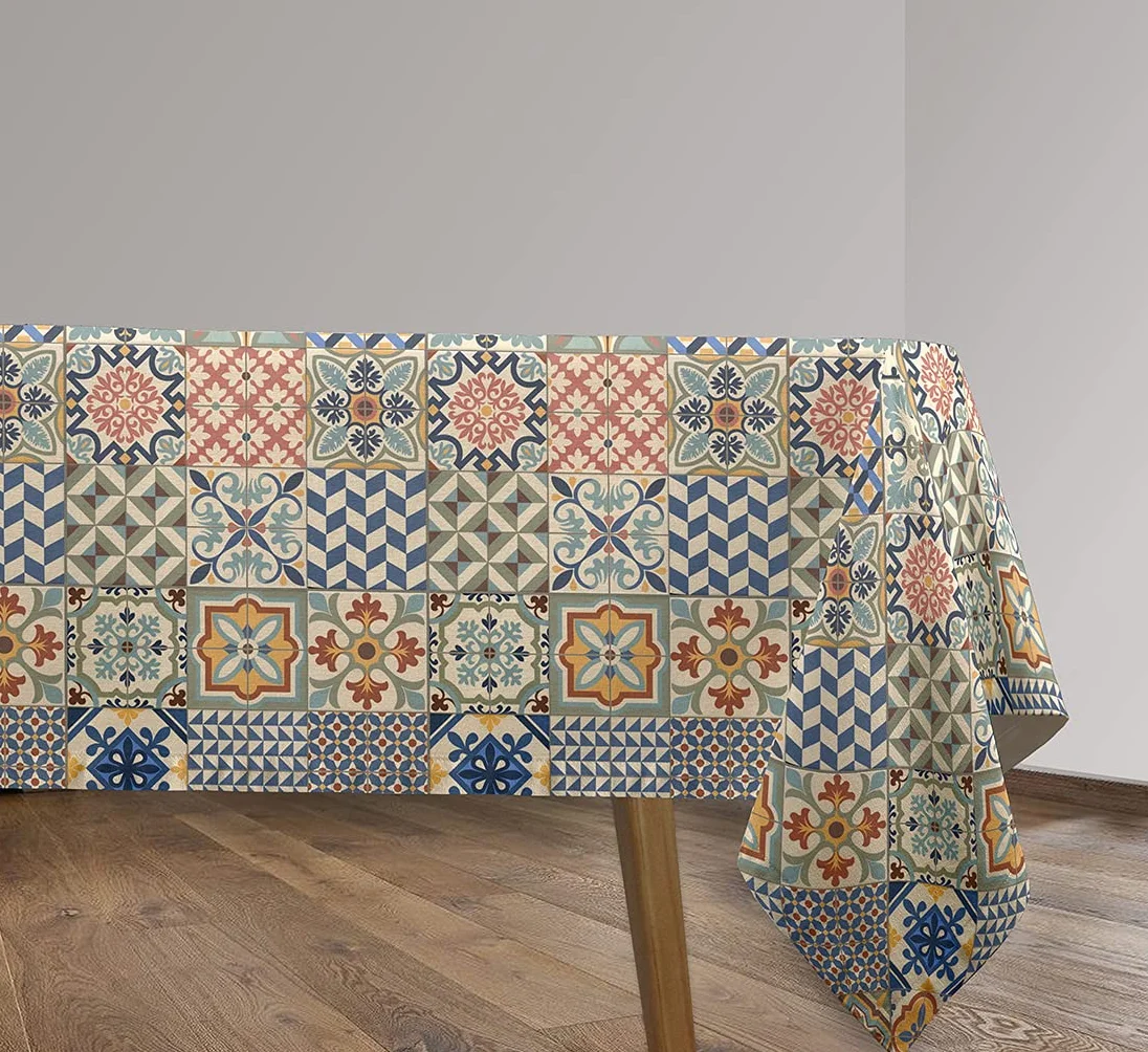 Vilber, Mantel de Tela con Estampación Digital, Confeccionado, Rectangular, Resinado, con Tratamiento Antimanchas, Impermeable, Estampado AZULEJOS. TOLEDO - R11.