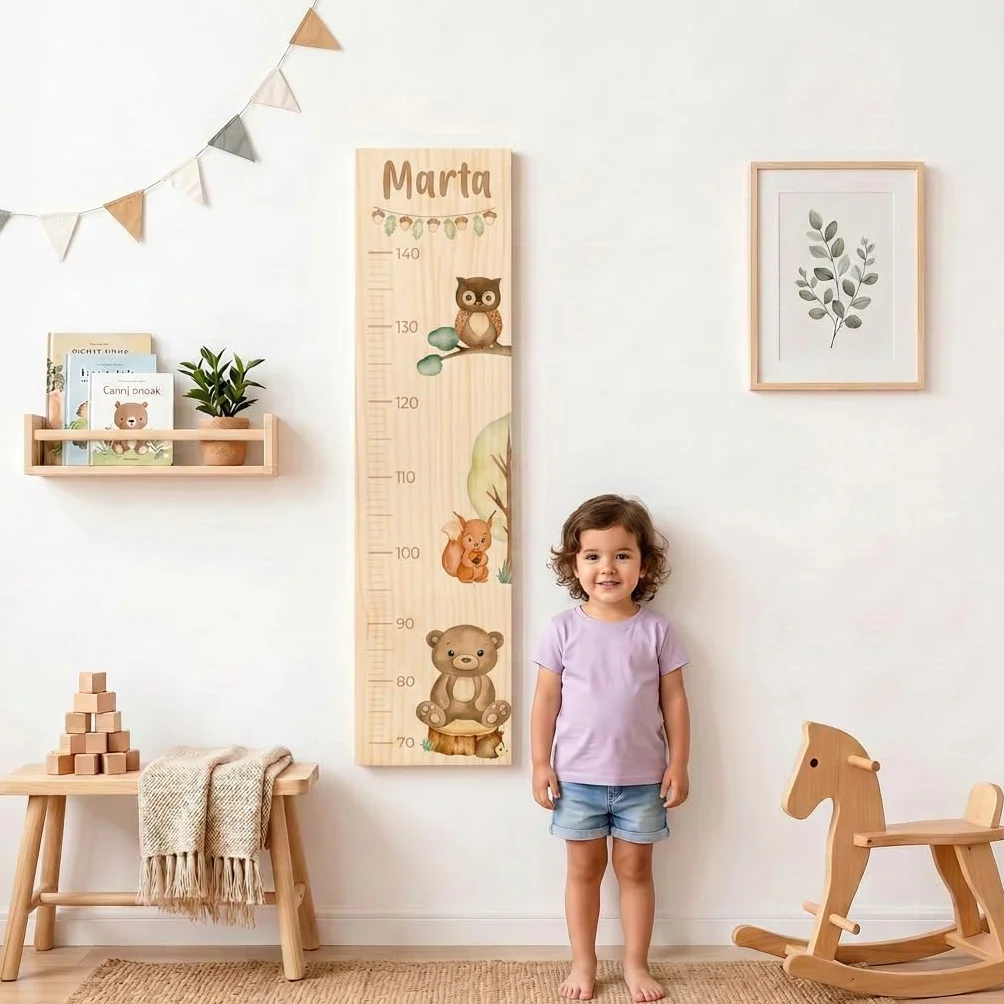 Medidor de Altura Infantil de Madera Personalizado con Nombre – Decoración habitación Infantil en Pino Natural – Regalo Original para Niños