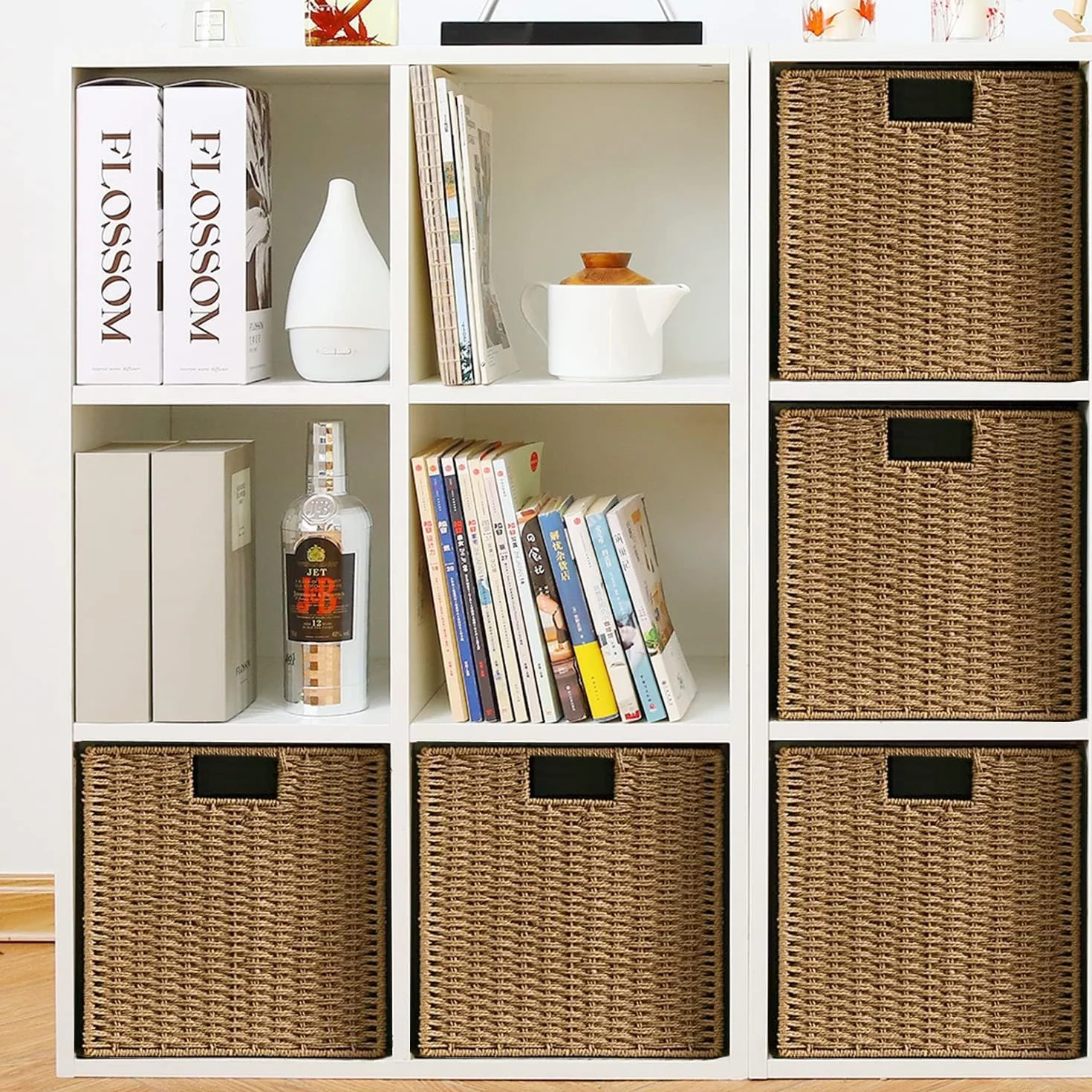 2 Cestas de Almacenaje, Cesta Mimbre Tejidas a Mano Cubo 28CM, Cesta Grande Plegable de Papel de Jacinto de Agua con Asas, Cesto Decorativo para Baño Estanterías Kallax Cocina
