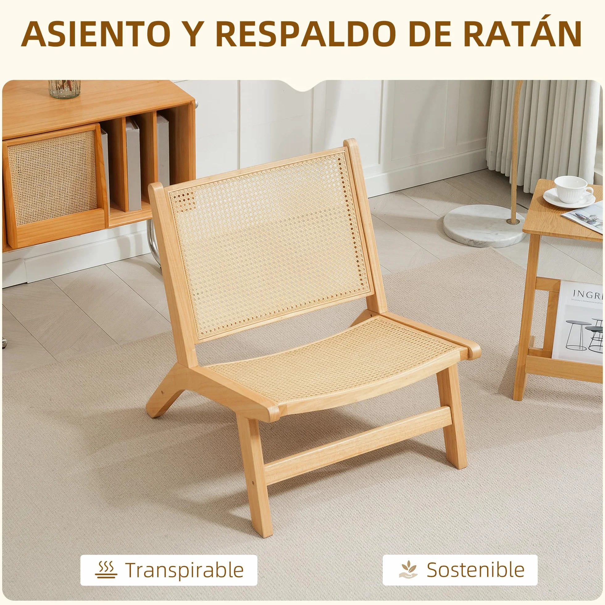 HOMCOM Sillón de Salón Nórdico Butaca de Salón con Respaldo y Asiento Amplio de Ratán Marco de Madera Butaca para Dormitorio Sala de Estar Natural
