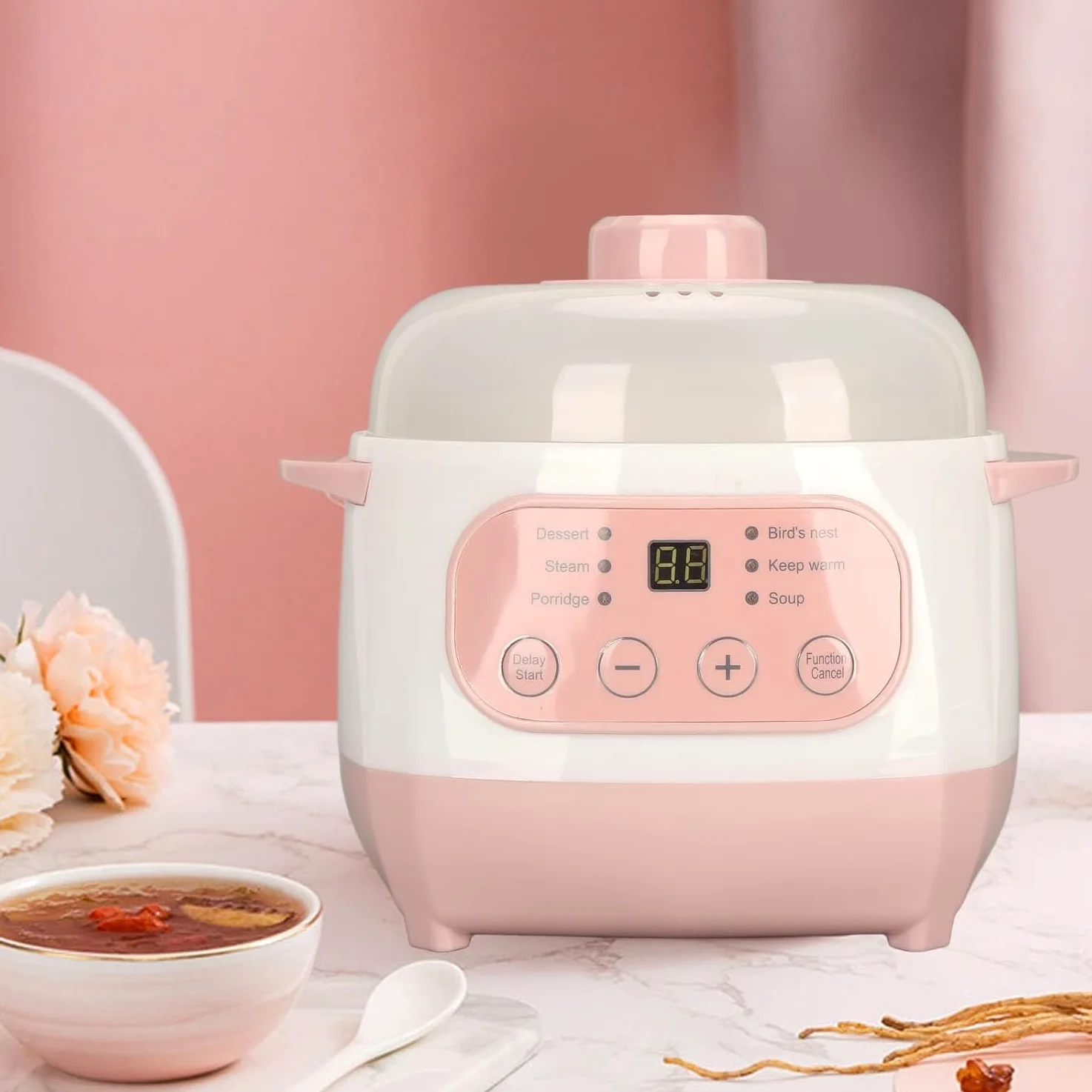 Olla Eléctrica Inteligente De Cerámica De 1 Litro para Sopas - Olla De Cocción Lenta Multifuncional con Sistema Anti-Quemado En Seco, Ideal para Gachas, Guisos Y Comidas Rápidas.