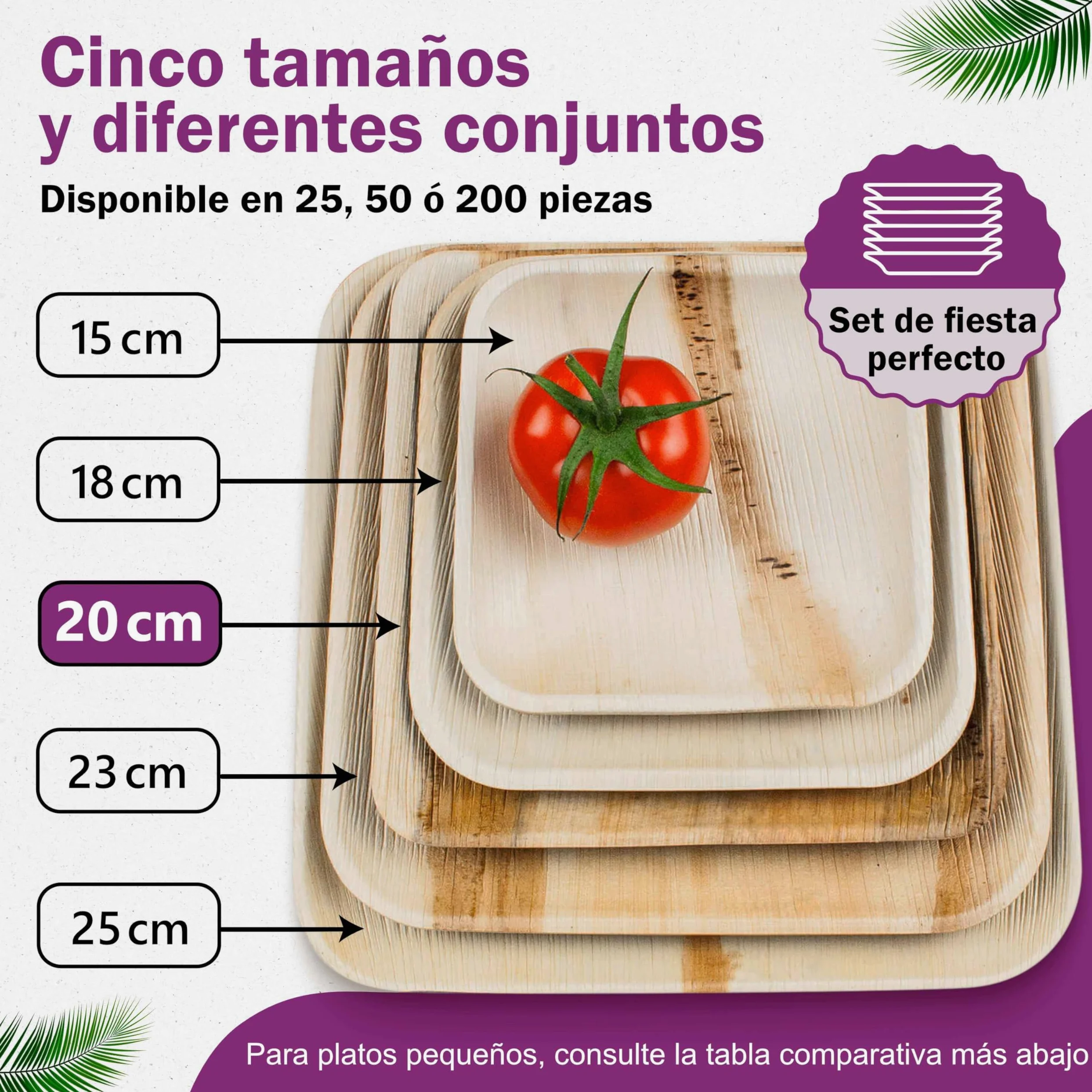 Platos Desechables Cuadrados de Hoja de Palma Orgánicos - Conjunto de 50 pz. 20x20 cm y 50 pz. 25x25 cm