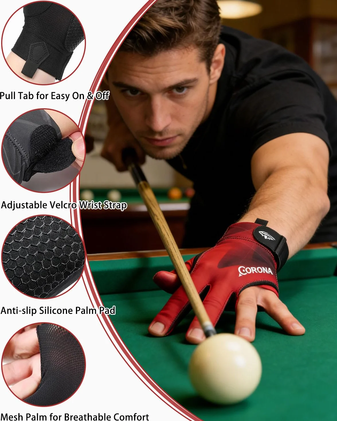 Guante de Tres Dedos para Billar,Guantes Ajustables,Guantes de Billar Transpirables y Antideslizantes,Guante Sin Dedos,Unisexo,Adecuado para Principiantes y Profesionales Negro-rojo