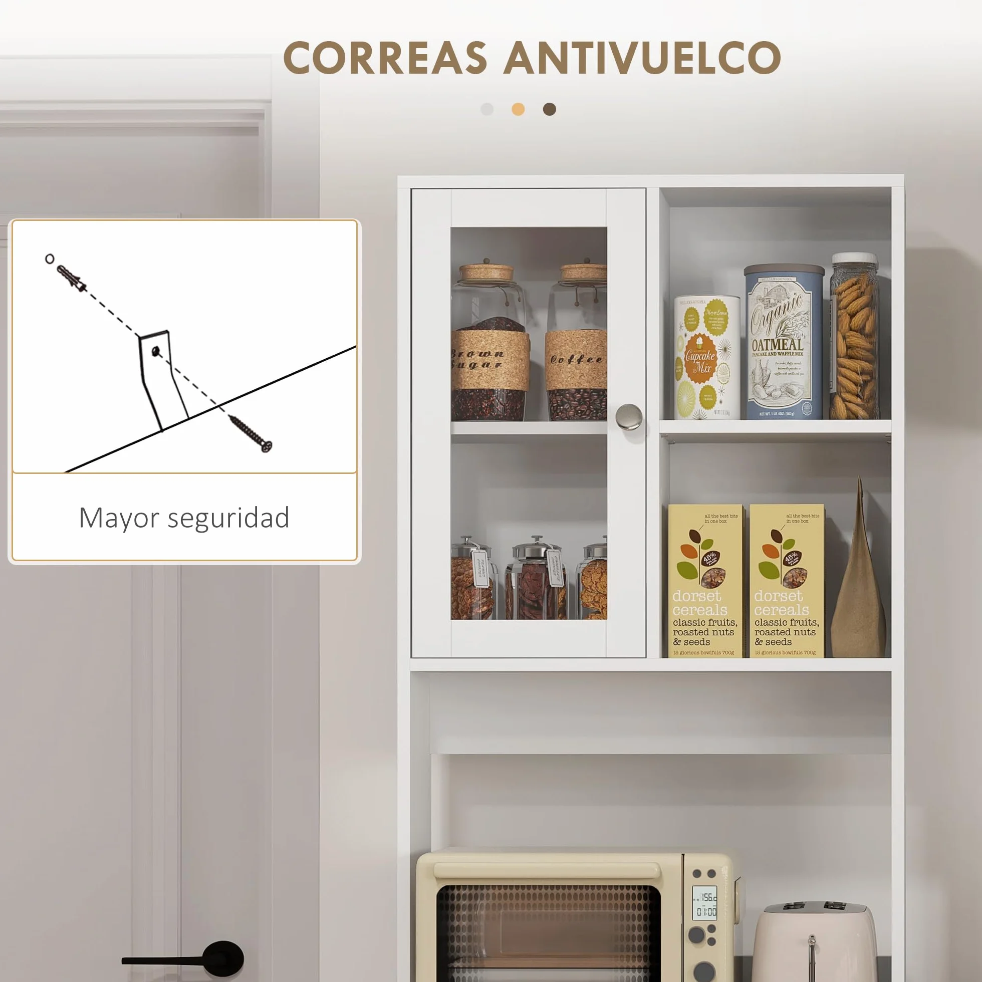HOMCOM Alacena de Cocina Armario de Cocina Buffet Aparador con 2 Puertas de Vidrio Compartimentos Abiertos 4 Cajones y Estantes Ajustables 60x35x180 cm Blanco