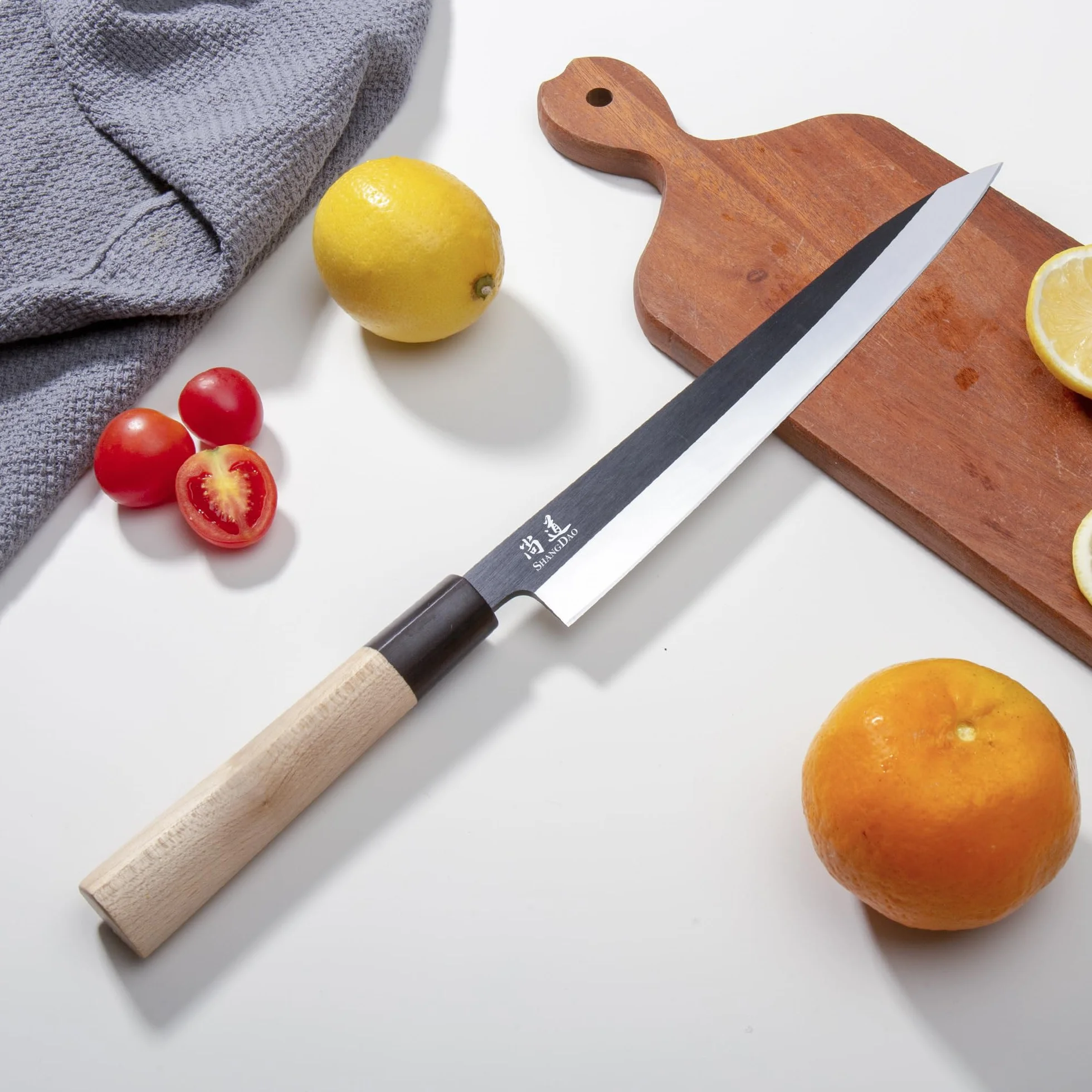 SHANGDAO Cuchillo Sashimi de sushi de 25 cm – Cuchillo de corte de carne y cuchillo Yanagiba, fileteado y corte de pescado, acero alemán y mango de madera tradicional, caja de regalo