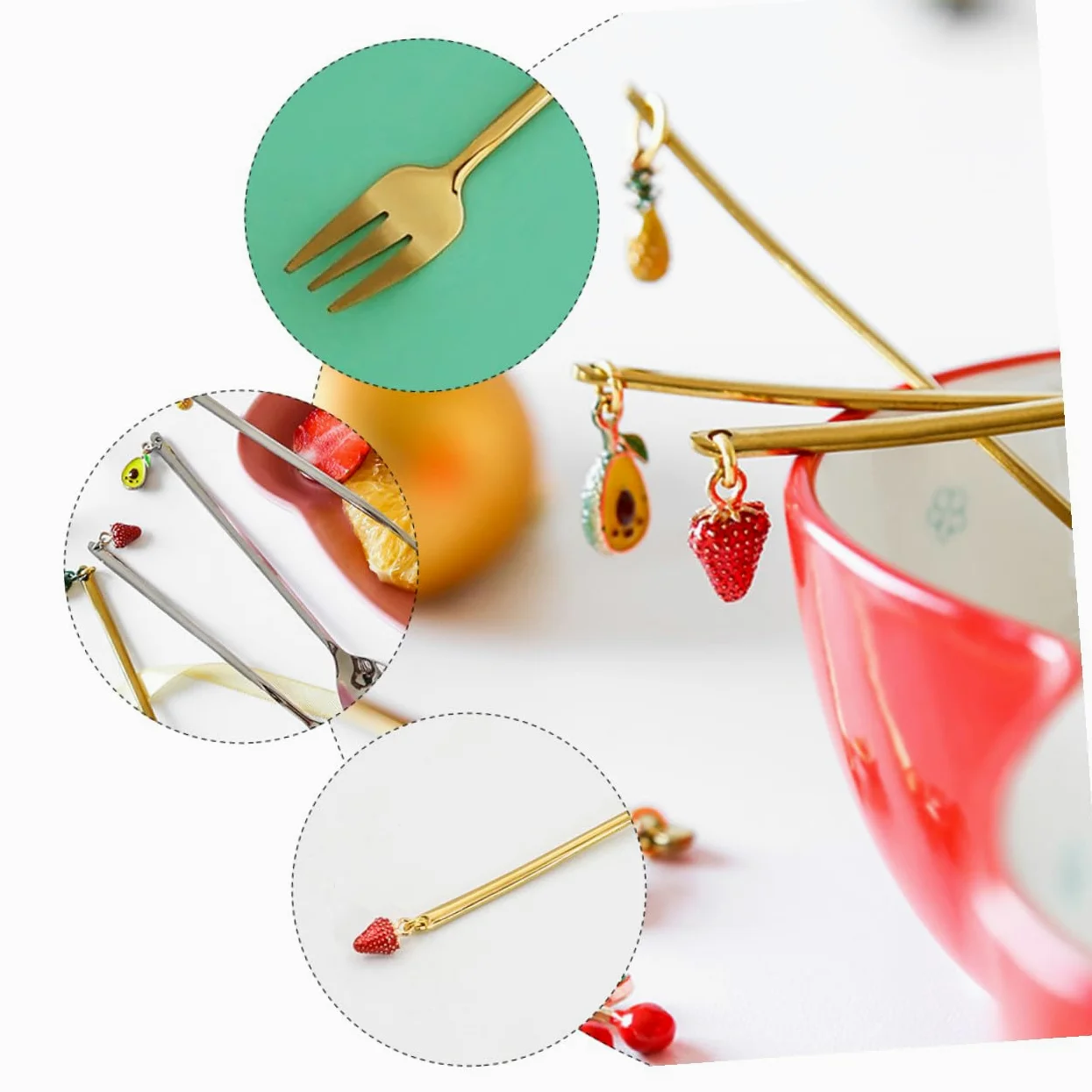 Tenedores de Postre Decorativos Colgante de Fruta, 4 Piezas | Acero Inoxidable Dorado, Pulido Espejo, Agarre Cómodo y Estilo Creativo para Mesa y Café