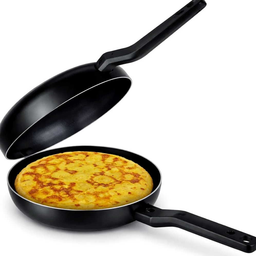 LS Kitchen - Doble Sartén Voltea Tortillas Volteo Fácil y Seguro - Sarten para Tortilla Patatas Jugosa - Sarten Doble para Tortillas - Vitro e Inducción - Diámetro 24 cm - Negra