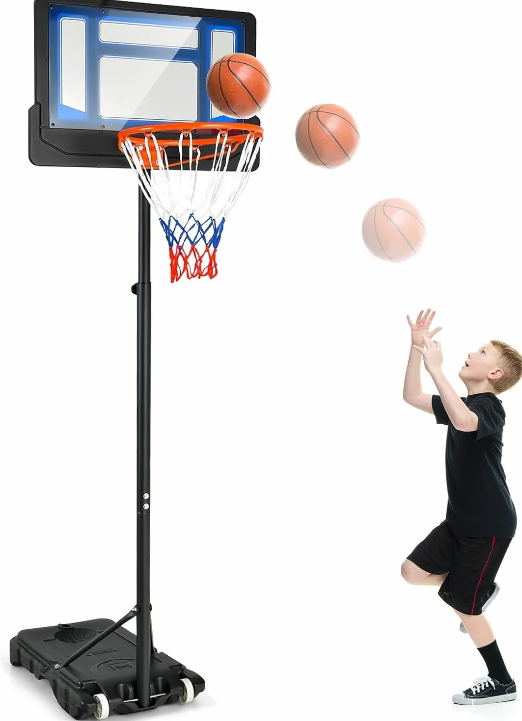 FANTASK Canasta de Baloncesto Ajustable 90-210 cm con Soporte y 2 Ruedas Azul