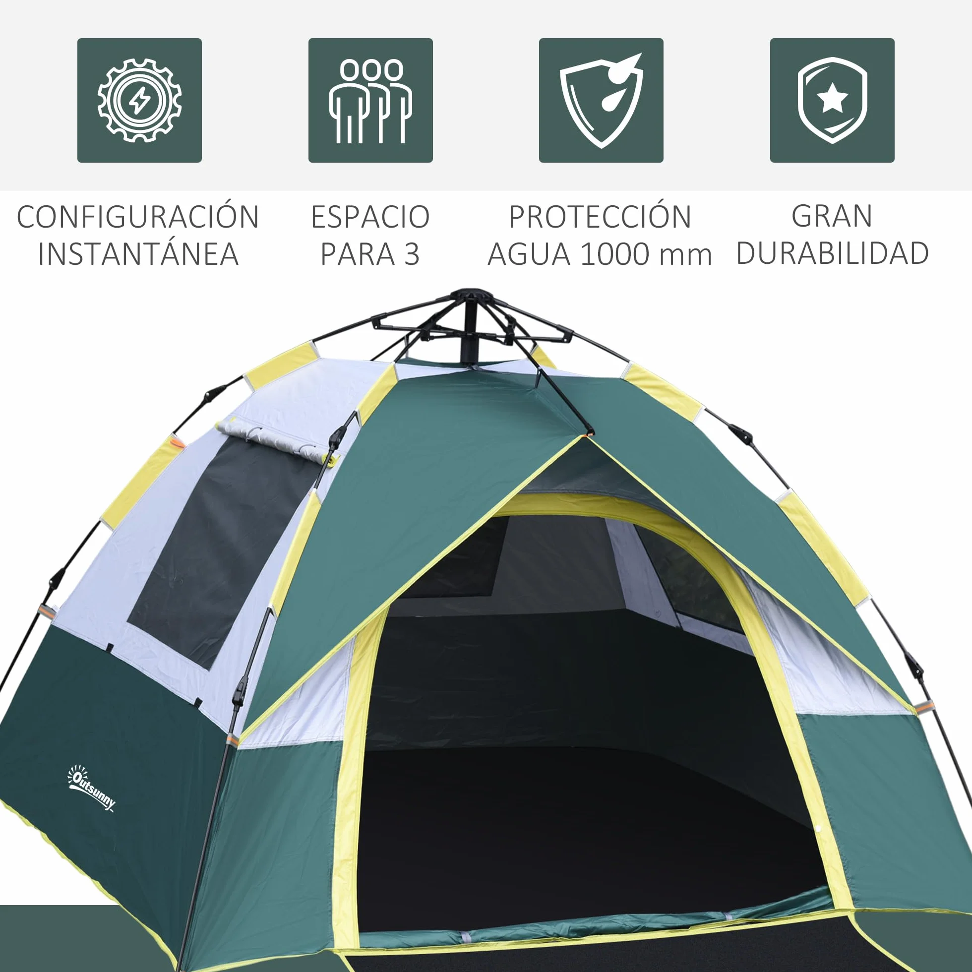 Outsunny Tienda de Campaña Pop-up 3 Personas Impermeable 1000 mm Plegable 205x195x135 cm Verde
