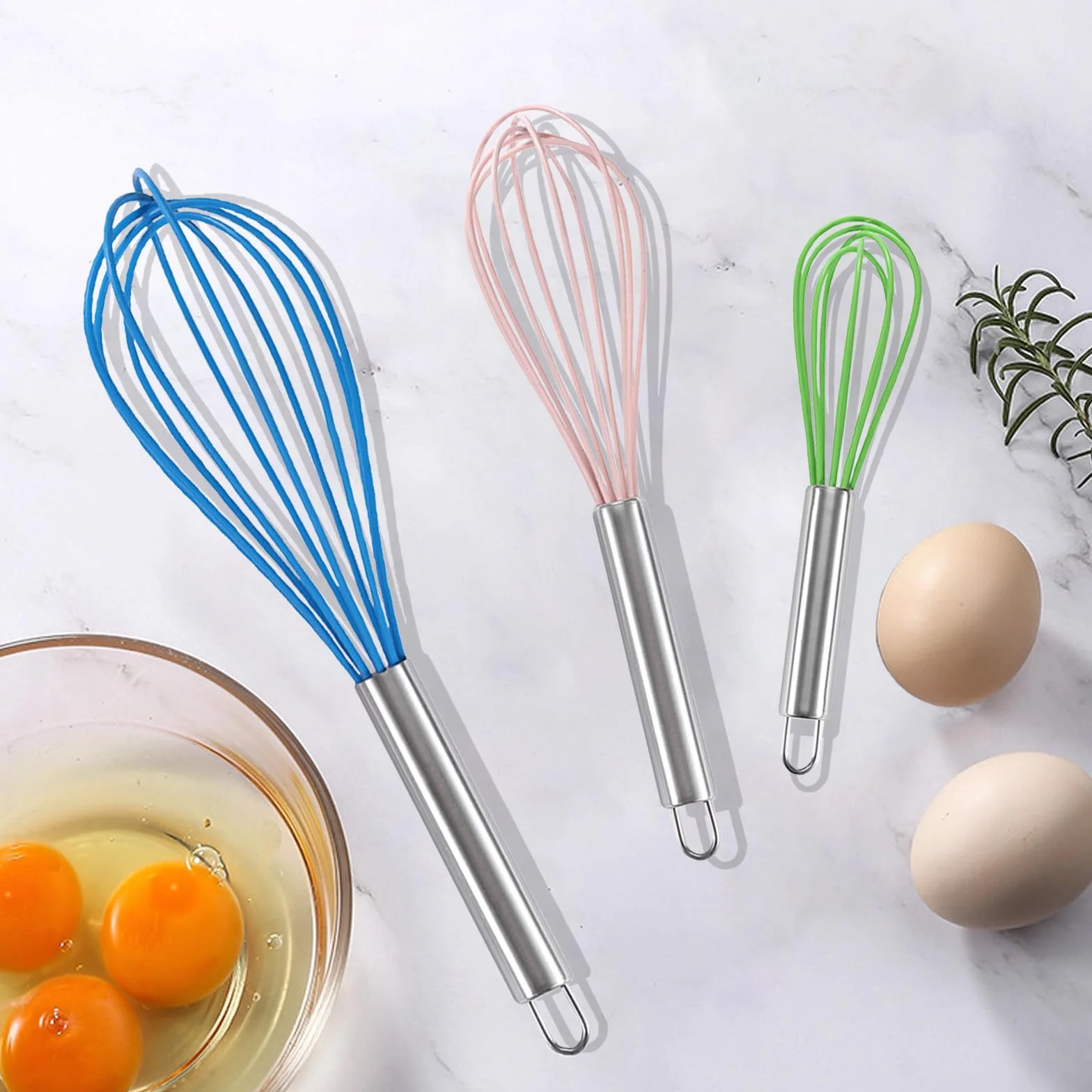 3 batidores de huevos de silicona, Batidora de Huevos Manual Varilla Para Batir 8 pulgadas 10 pulgadas y 12 pulgadas varillas cocina, para Mezclar Batir Espumar y Revolver (verde rosa y azul)