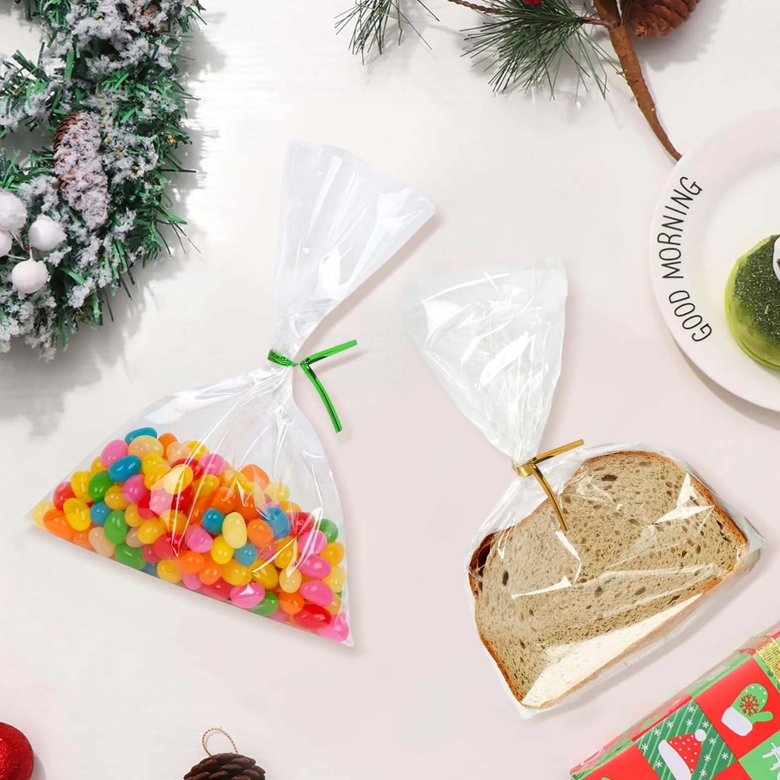 200 bolsas de celofán, 25 x 15 cm, bolsas transparentes para rellenar, bolsas transparentes con 200 cintas metálicas para caramelos, galletas, pan, frutas, etc. Perfecto para fiestas de regalo