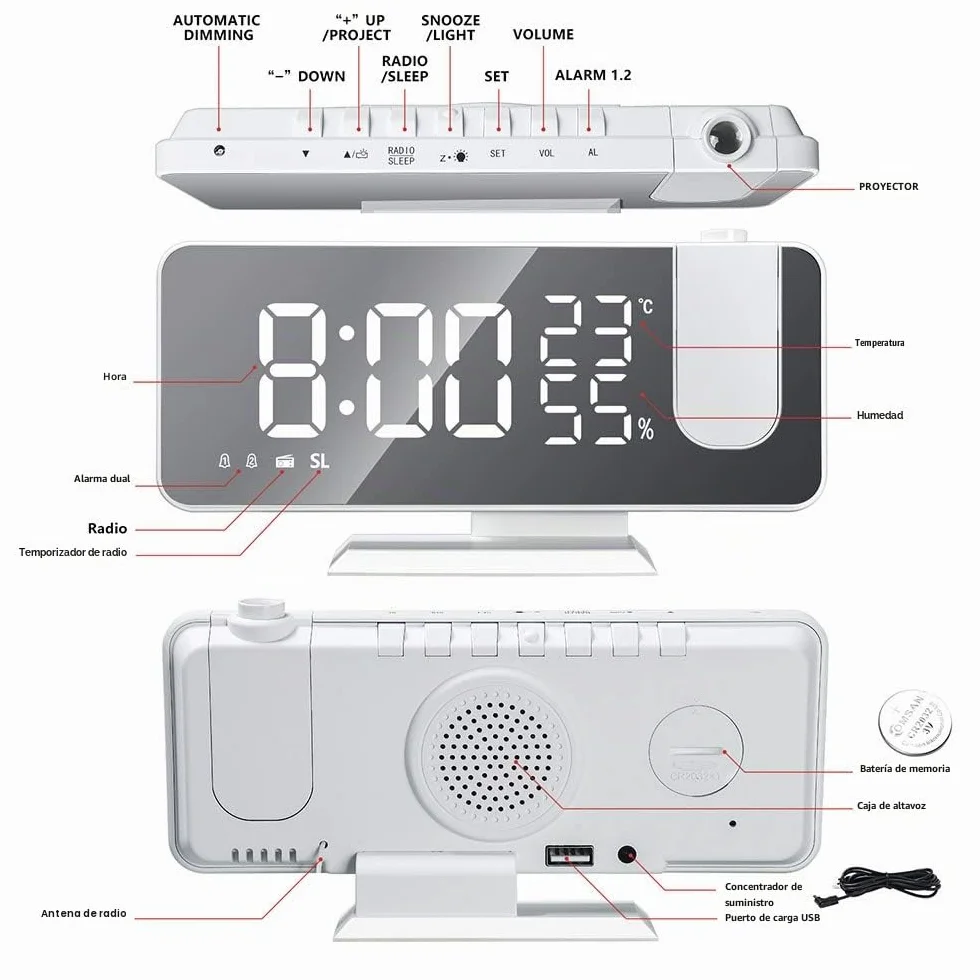 Despertador de proyección, Despertador Digital LED con Superficie de Espejo, Puerto de Carga USB, repetición, Doble Alarma, Radio FM, Modo de 3 atenuaciones, Humedad de Temperatura, Ajuste