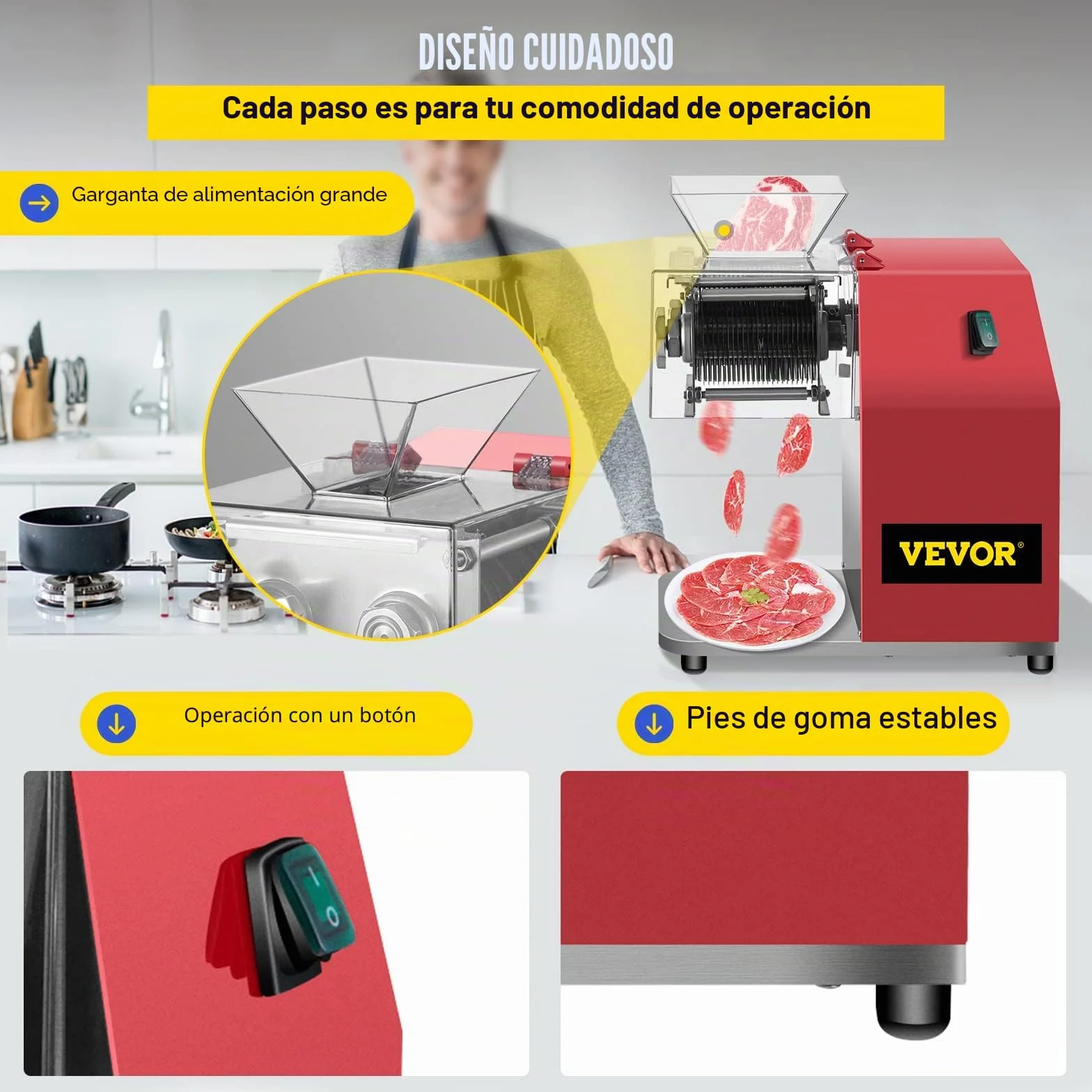 VEVOR - Máquina de corte de carne comercial, 250 kg/h, 850 W, hoja de 3,5 mm, cortador de carne eléctrico de acero inoxidable, para cocina, supermercado, cordero, carne de res, pollo, rojo
