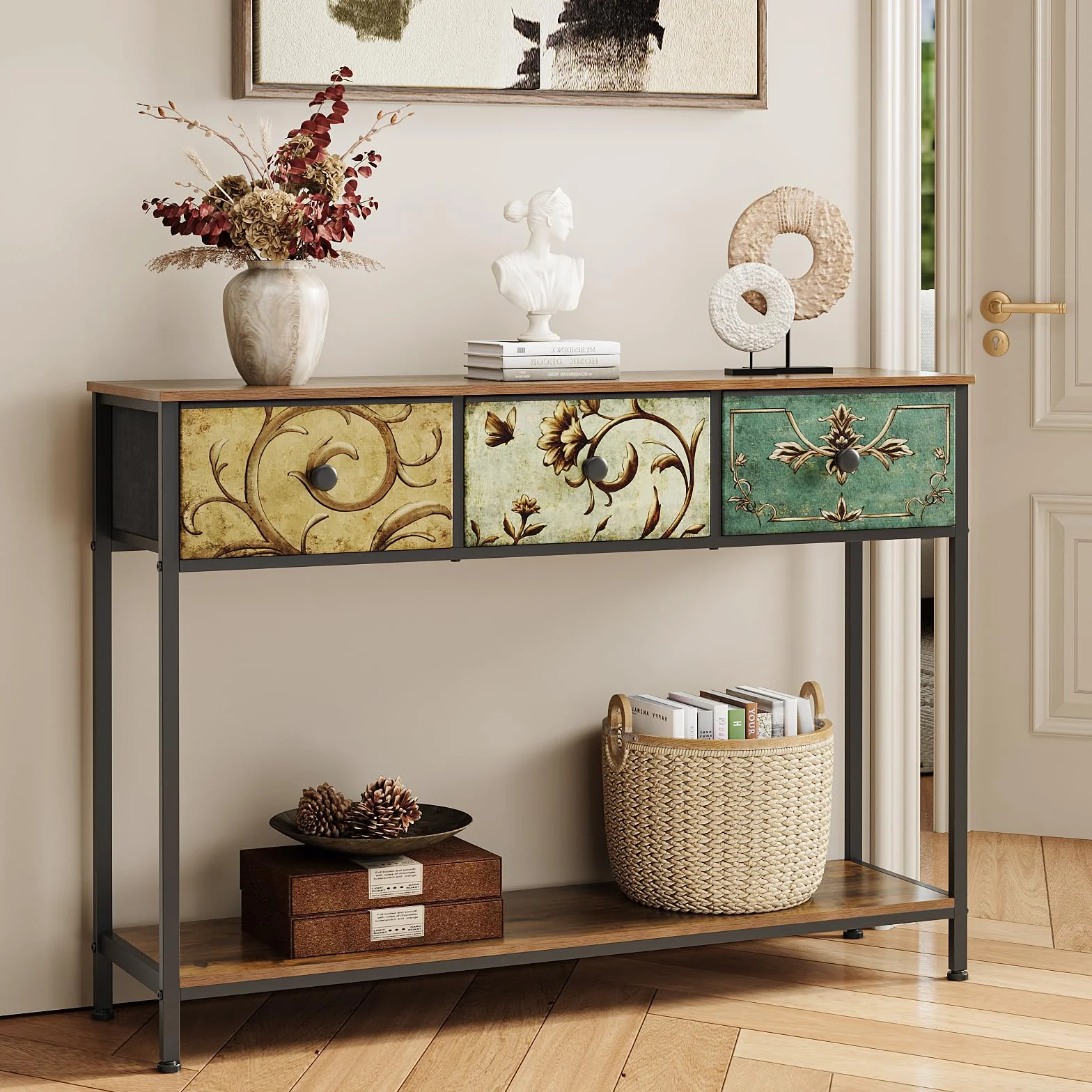 VEDECASA Mesa consola mesa auxiliar con 3 cajones de tela, mesa de pasillo con estantes de almacenamiento abiertos, mesa de entrada, mesa de sofá para pasillo, salón, dormitorio, madera, marco de