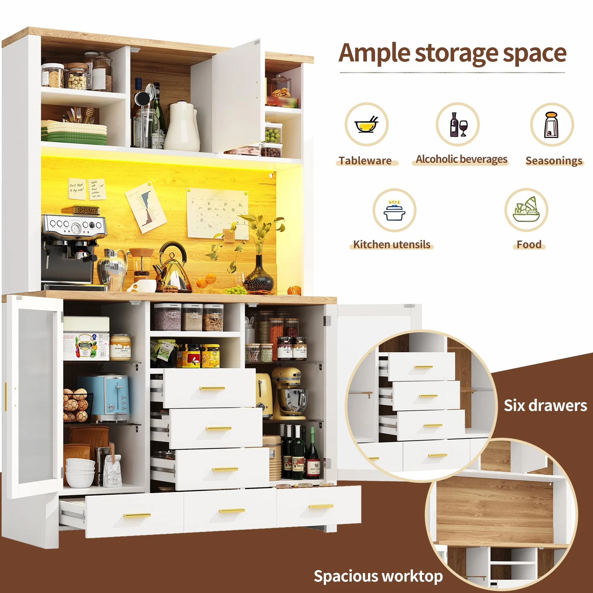 SACOOL Armario de cocina multifunción, 120 x 40 x 188 cm, estilo rústico, 4 puertas, 6 cajones y 3 puertas, color blanco con aspecto de madera, color blanco