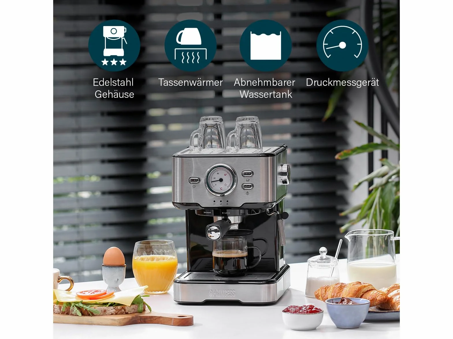 Máquina de café y cápsula con espumador de leche para capuchino, latte y espresso macchiato, 20 bares, color negro con acero inoxidable