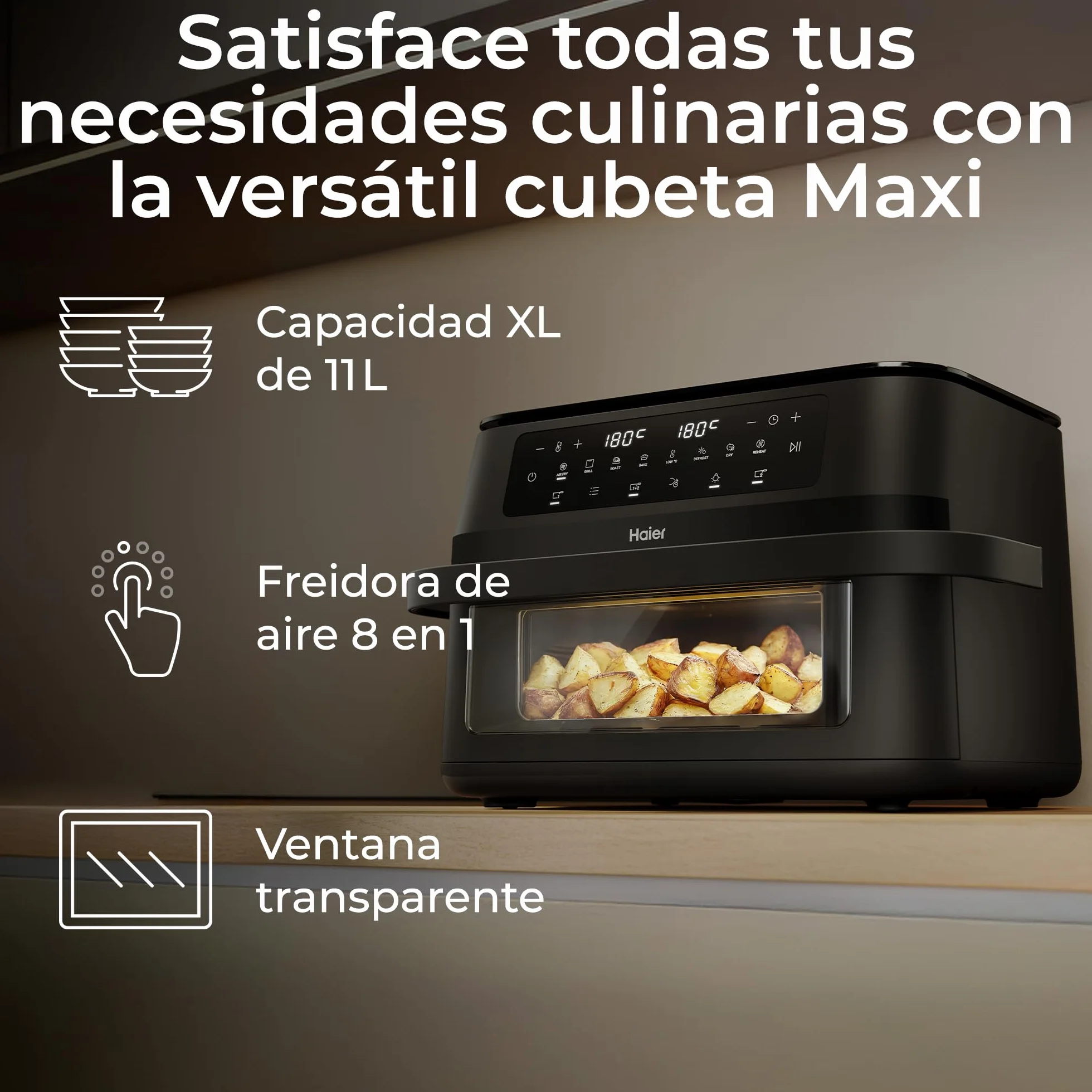 Haier Freidora de Aire Flexi | 11L con Divisor y Ventana | 8 Funciones, Divisor para 1 o 2 Zonas, Función Sync, Alerta de Agitado, Antiadherente, Lavavajillas