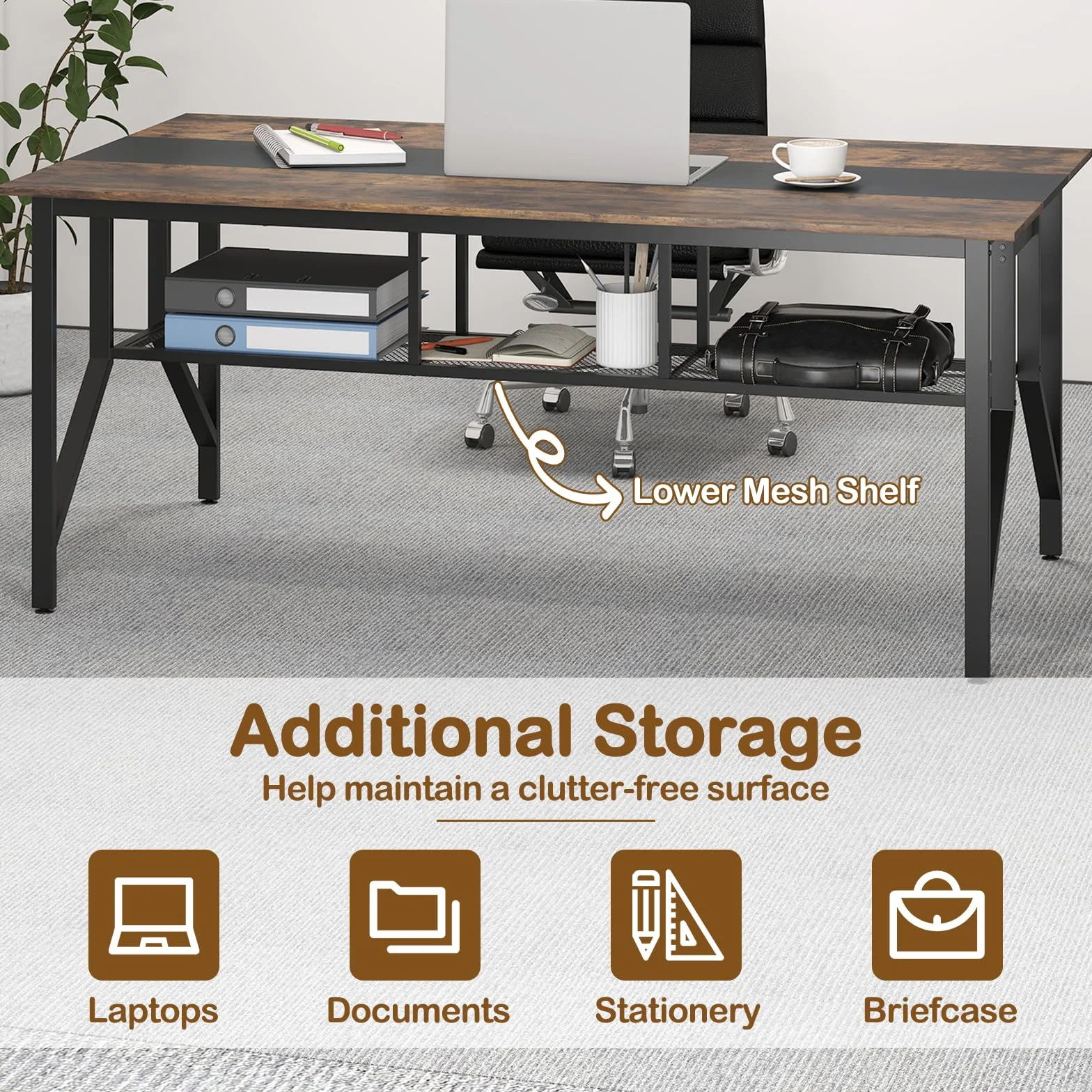 GIANTEX Mesa de Conferencia Rectangular, Mesa de Reuniones Grande con Pasacables y Estante de Almacenamiento, Estructura de Metal, 180 x 96 x 76 cm, para Oficina, Casa