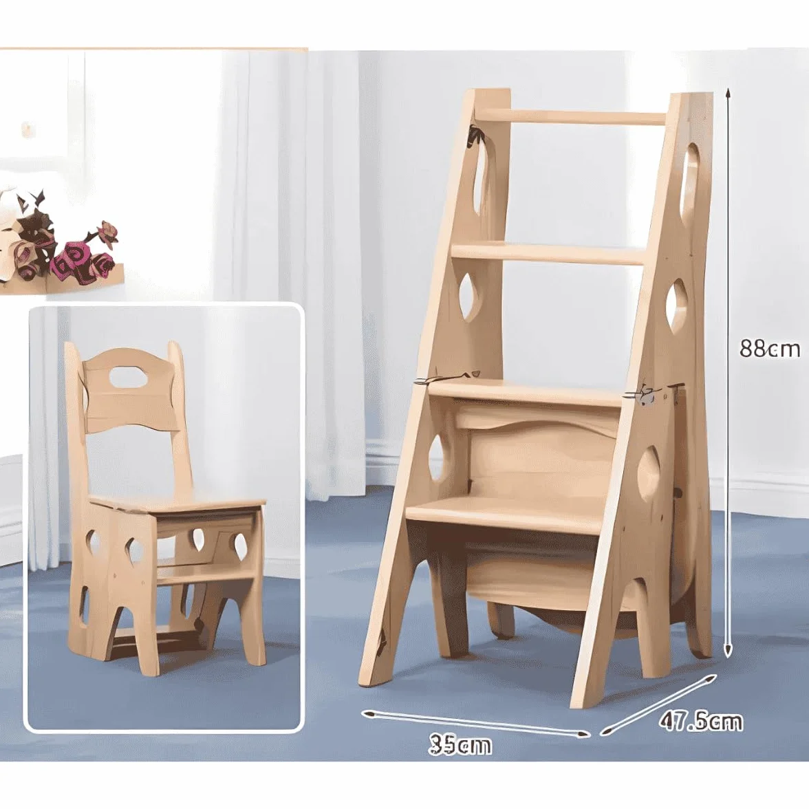 ATAA Silla Escalera de Madera Natural 3 en 1, 4 Peldaños, 88 cm, Taburete Transformable