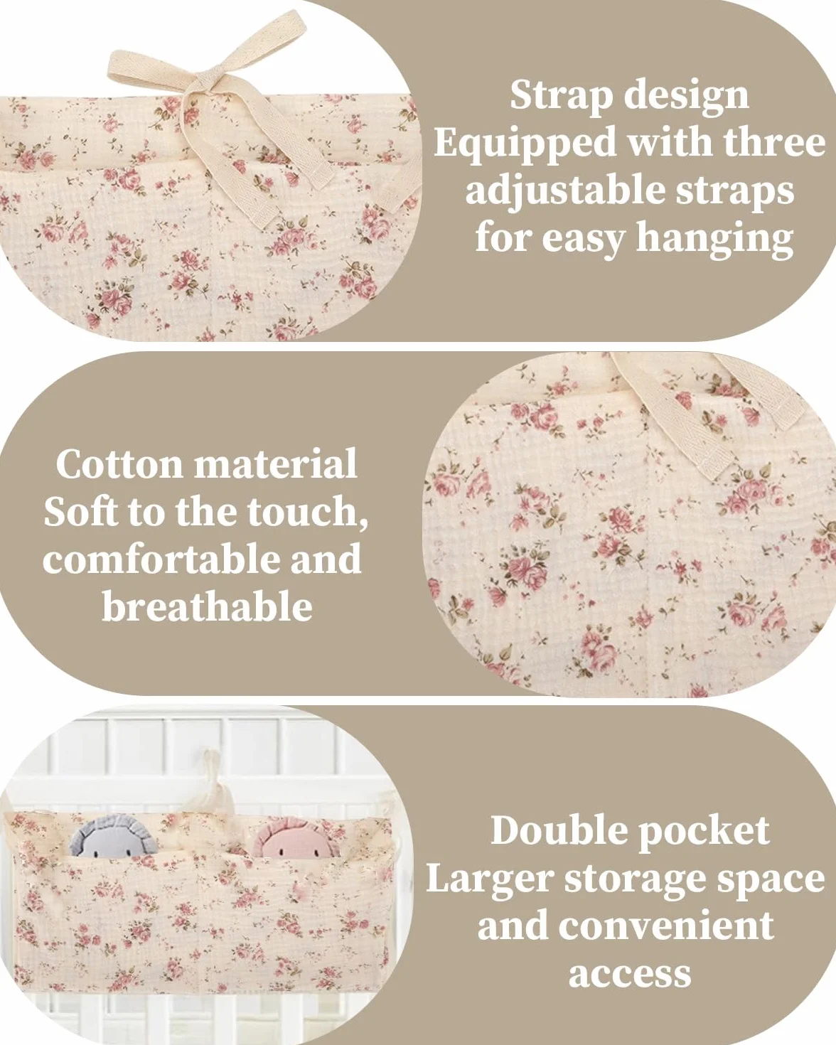 Organizador Colgante para Cuna de Bebé, Bolsa de Almacenamiento para Pañales y Juguetes, Flor Rosa