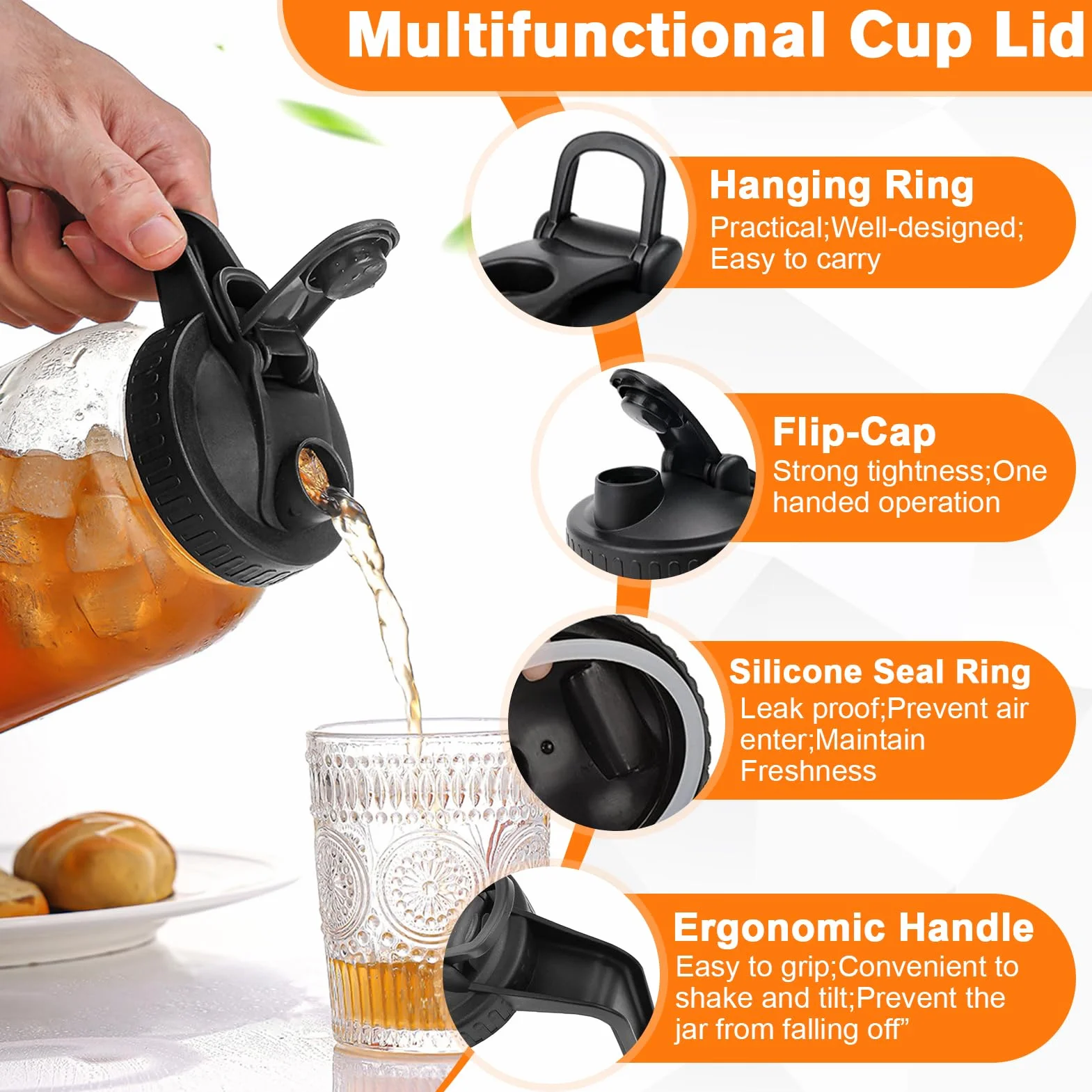 Jarra de vidrio de 32 onzas con boquilla de vertido y asa, jarra de boca ancha a prueba de fugas para café frío, té helado, jugo, limonada, té solar, bebidas de frutas, tapa hermética para