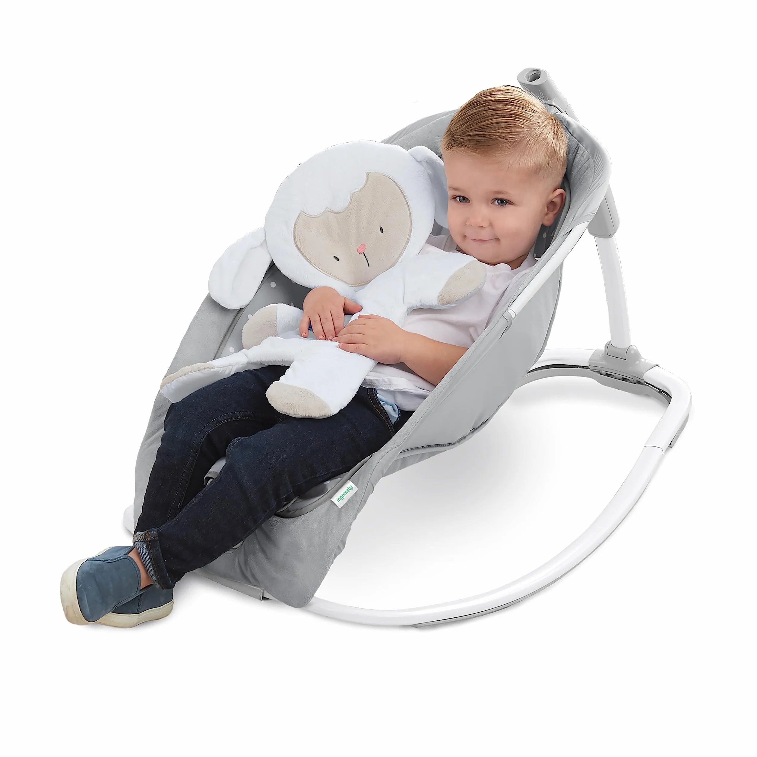 Ingenuity, Hamaca Mecedora para Bebés hasta 18 kg, Cuddle Lamb con vibraciones, arco de juego con 2 peluches, 12 melodías, 4 sonidos de naturaleza, volumen regulable, ergonómico.