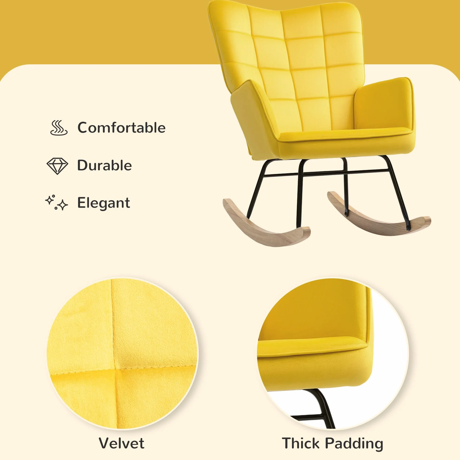 HOMCOM Sillón balancín tapizado de terciopelo estructura acero patas madera maciza amarillo