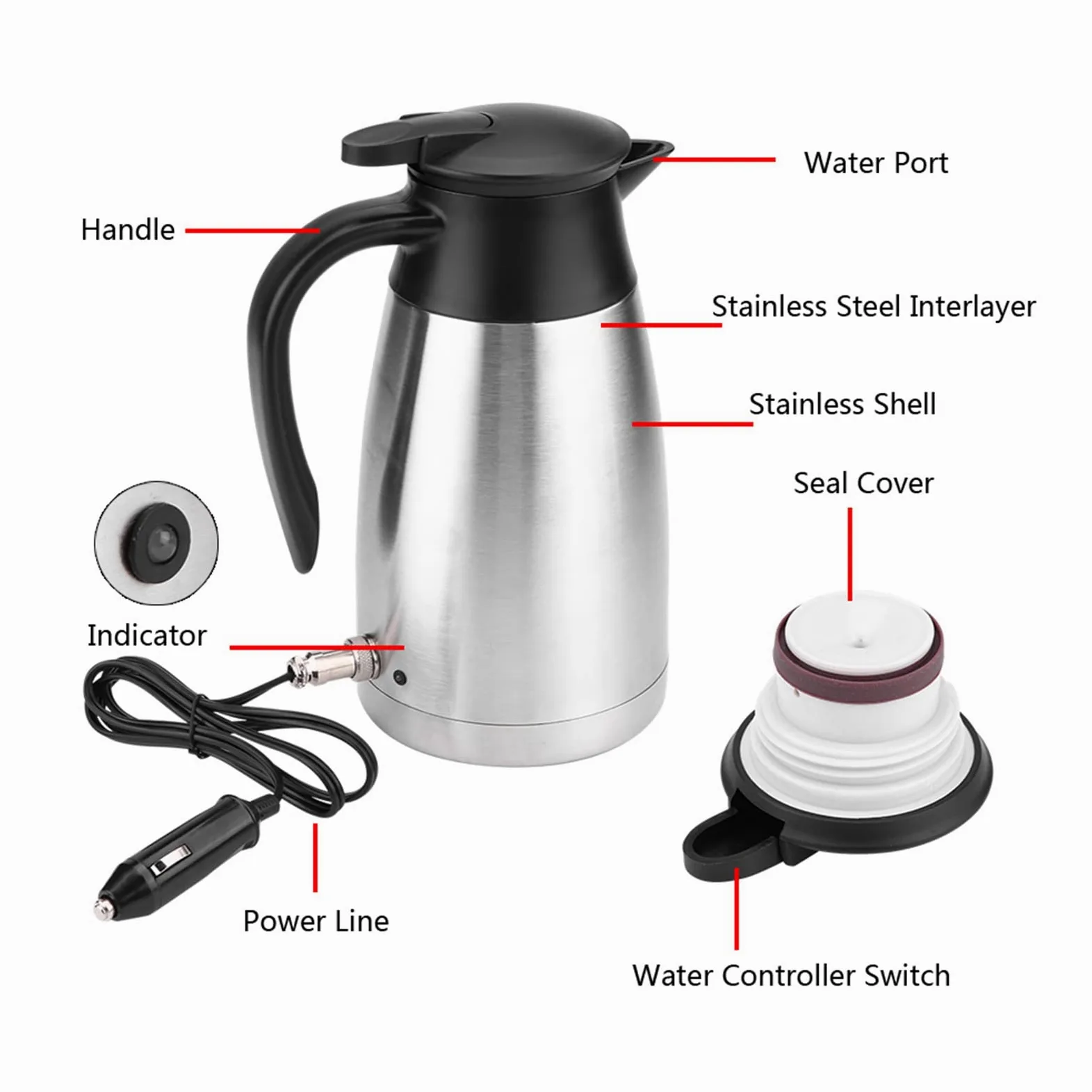 Yctze Caldera eléctrica en la taza de calefacción del coche - 1000 ml 12 V 24 V Electricidad de acero inoxidable en la caldera del coche - viaje - termos