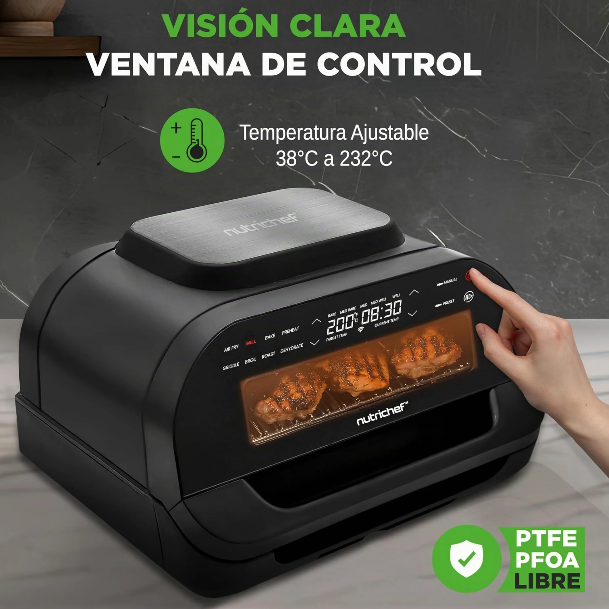 NutriChef Parrilla Electrica de Interior y Freidora de Aire 7 en 1 sin Humo, 6L, Termometro Integrado, Control de Temperatura, Placas Antiadherentes Desmontables