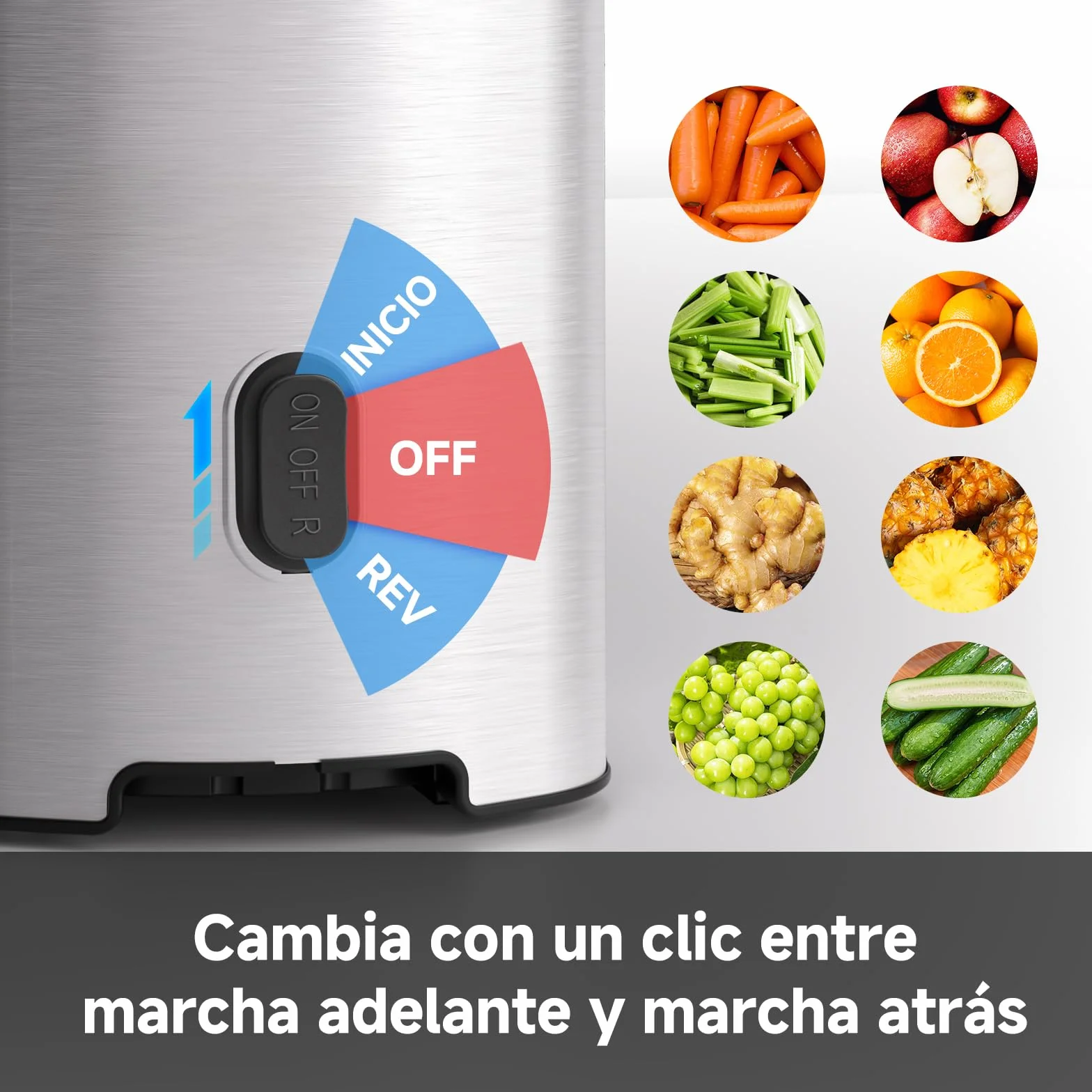 AMZCHEF Extractor de Zumos, Slow Juicer con Apertura de 120MM, Capacidad de 2 L, Licuadora Prensado en Frío para Frutas y Verduras Enteras, Cuerpo de Acero Inoxidable, Fácil Montaje y Limpieza, Plata