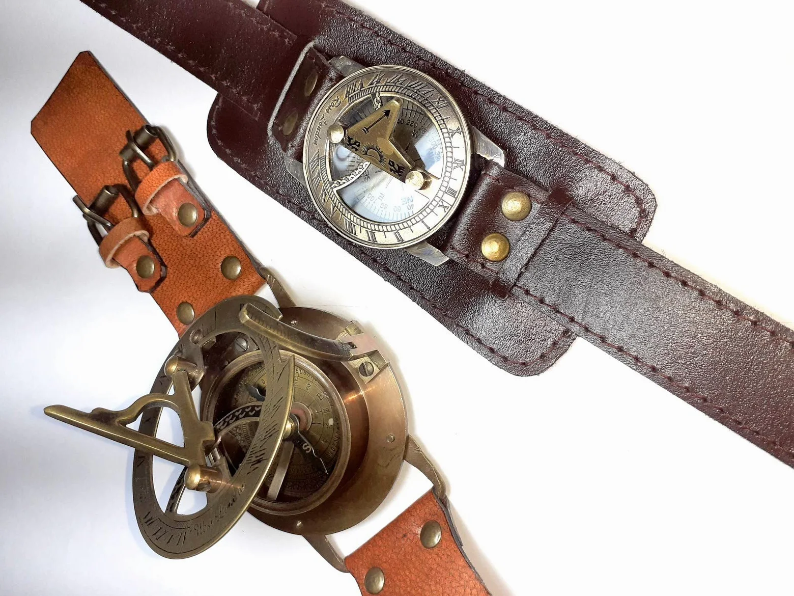 Reloj de pulsera Steampunk con brújula de latón y reloj de sol con correa de cuero, reloj solar de aprox. 15.4 x 6.4 x 2.9 pulgadas, Marrón, Antiguo