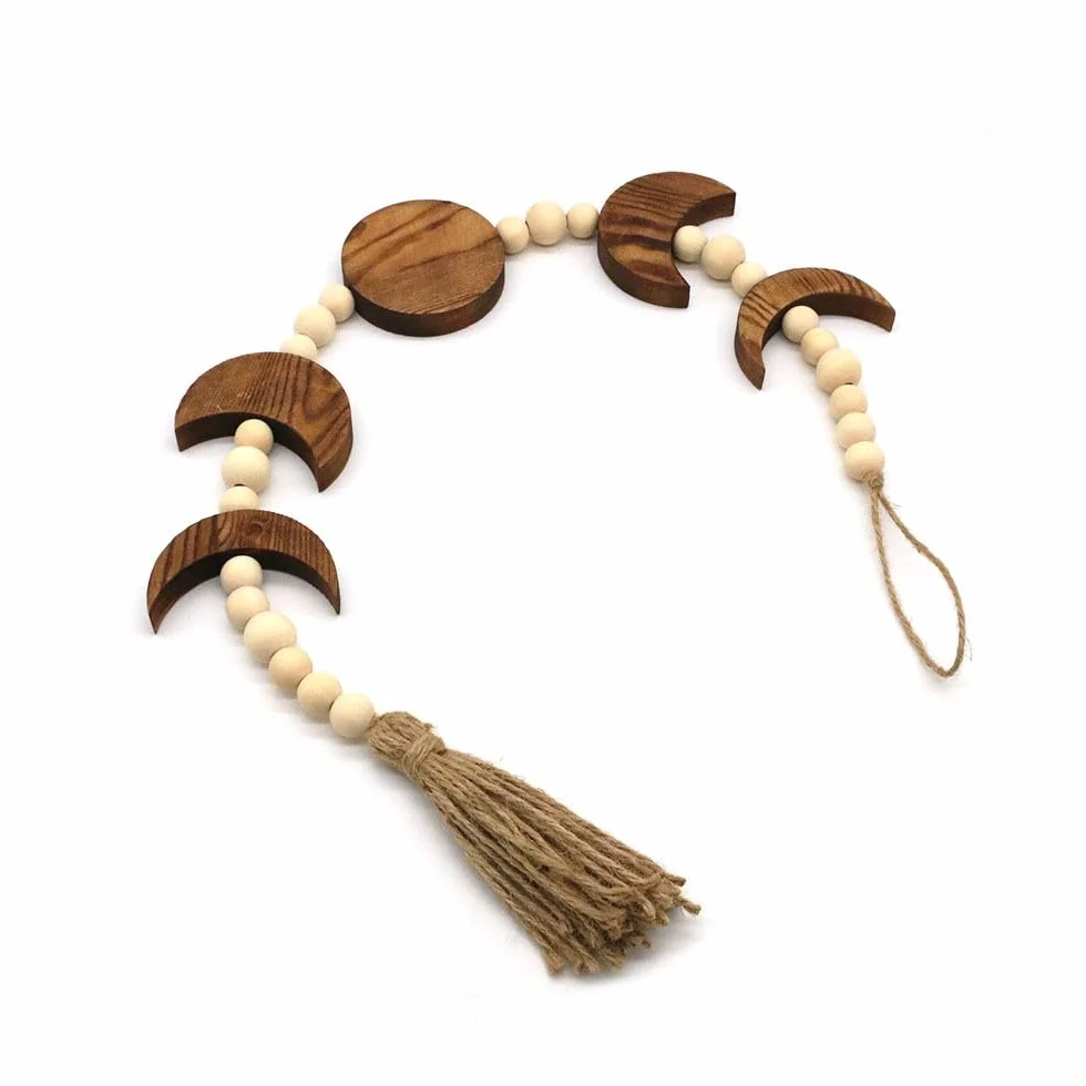 SUPERFINDINGS Colgante de Pared de Fase Lunar de Camello con Cuentas Guirnalda de Borlas de Estilo Étnico Bohemio Decoración de Pared Plana de Madera