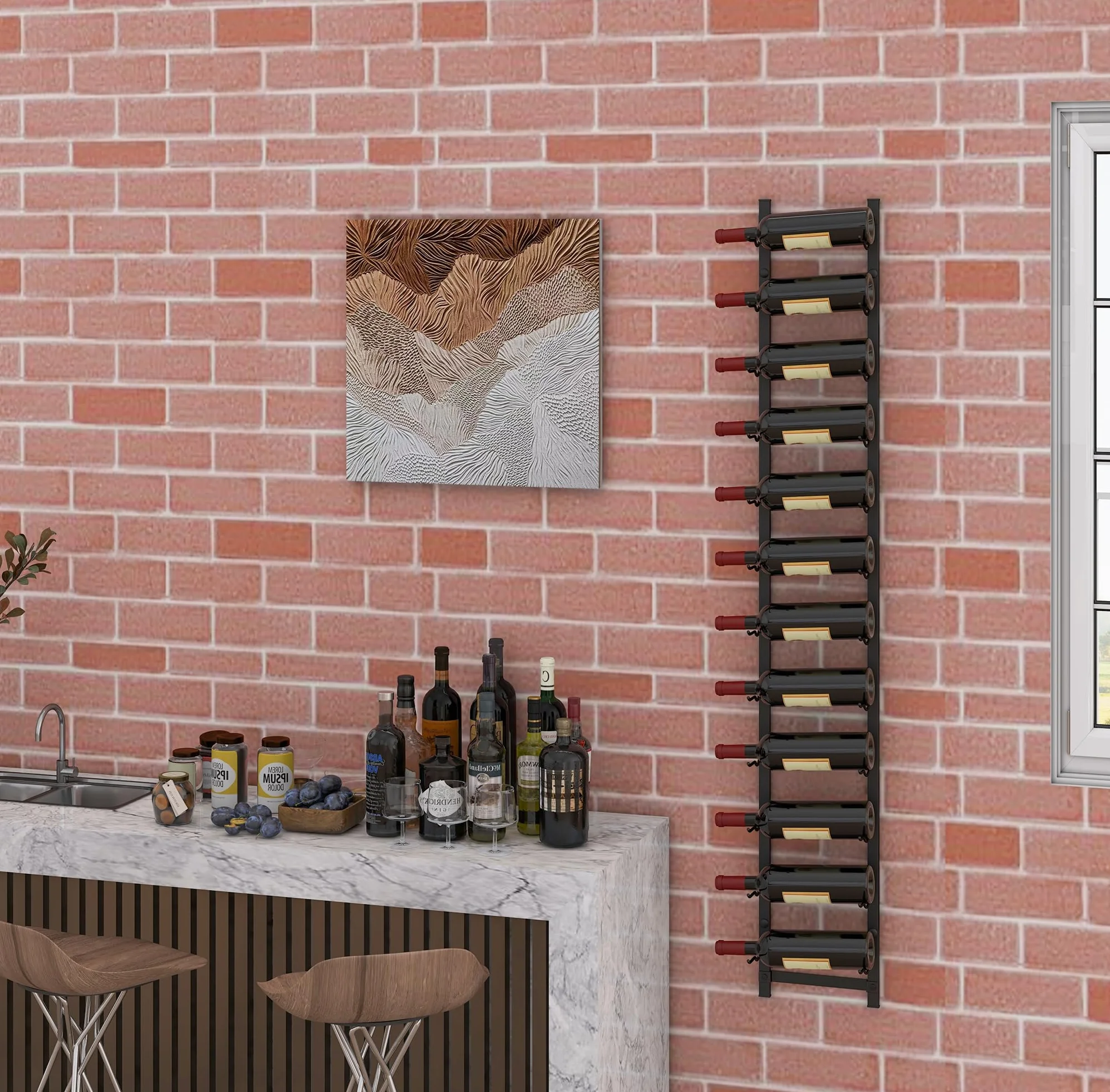 KOMFOTTEU Botellero Vino de Pared para 6/9/12 Botellas, Portabotella Metálica Vertical, Estante Colgante Decorativo para Vino, Organizador de Botellas para Cocina, Comedor, Bar (12 Botellas)