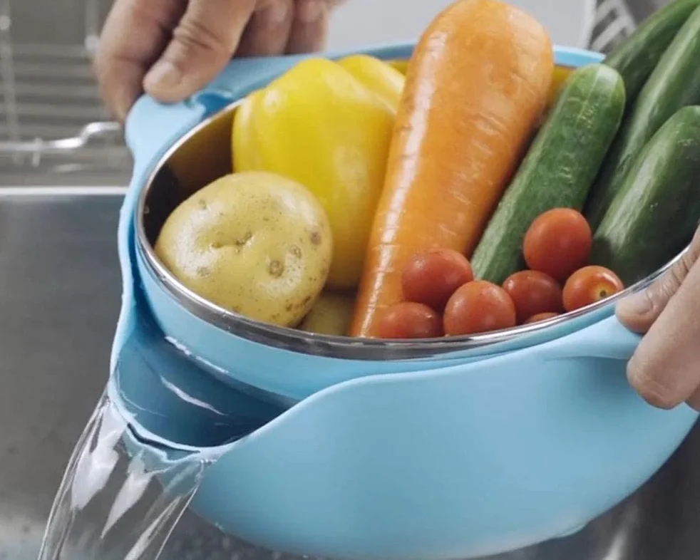 Colador Colador 2 en 1 Cestas de Frutas giratorias para Cocina Coladores microperforados Desmontables Autodrenantes para Pasta Arroz Espagueti Fideos Ensaladas Verduras (Azul)-Blue