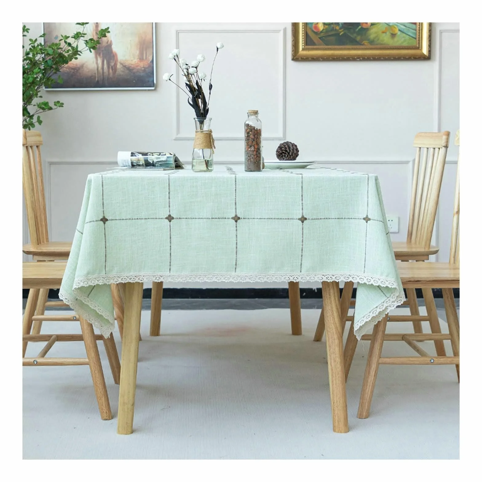 Gualiy Mantel Comedor Poliester, Manteles Mesa Cafe 140x240CM Manteles de Mesa Antimanchas Cuadros con Borde de Encaje Mantel para Mesa de Cocina, Verde Fluorescente