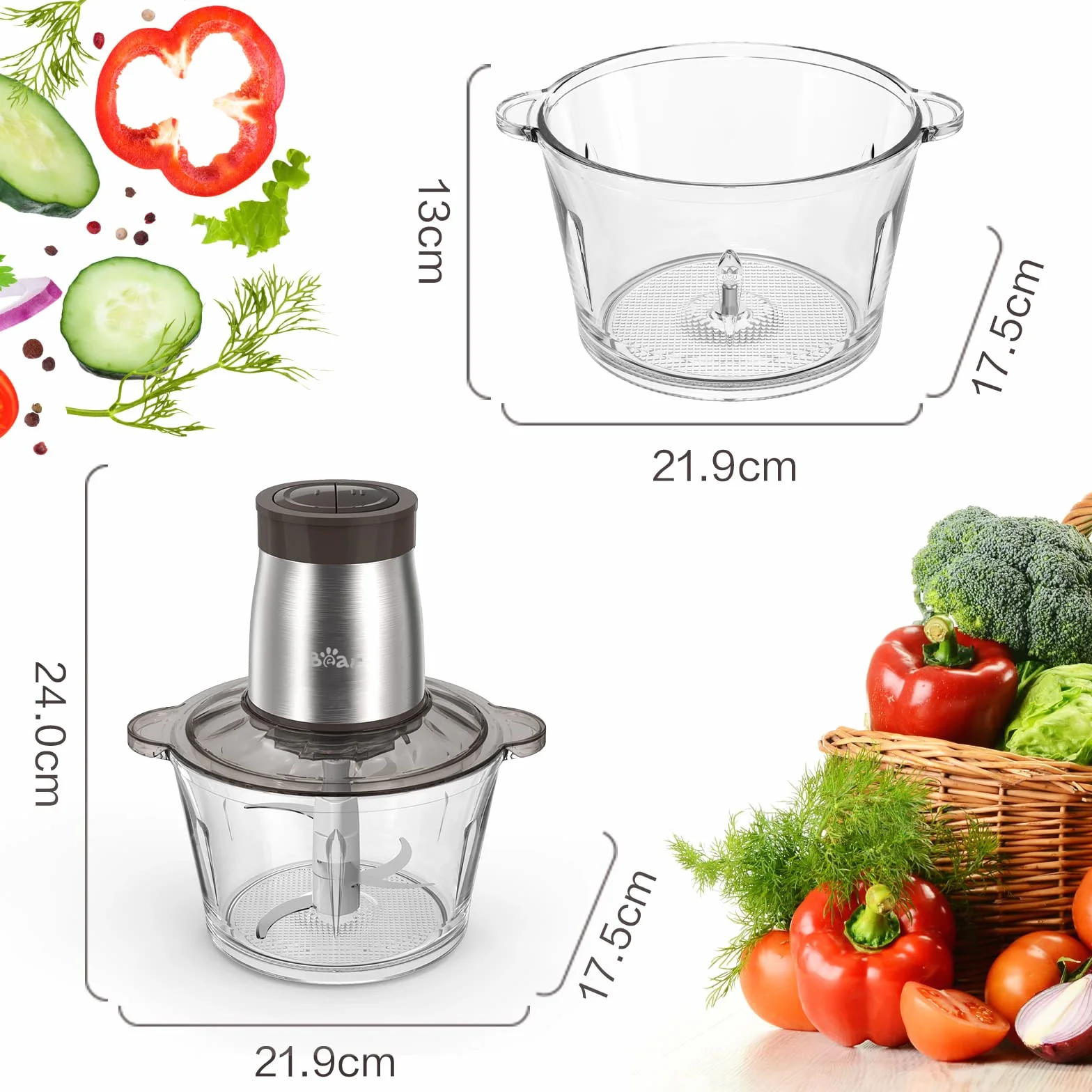 Bear 2L Vidrio Picadora De Alimentos, Función Pulso Con Una Mano,2600r/Min,2 Velocidades, Trituradora Con 4 Cuchillas De Acero Inoxidable, Picadora De Cocina Para Carne, Verduras,Cebolla Y Frutas