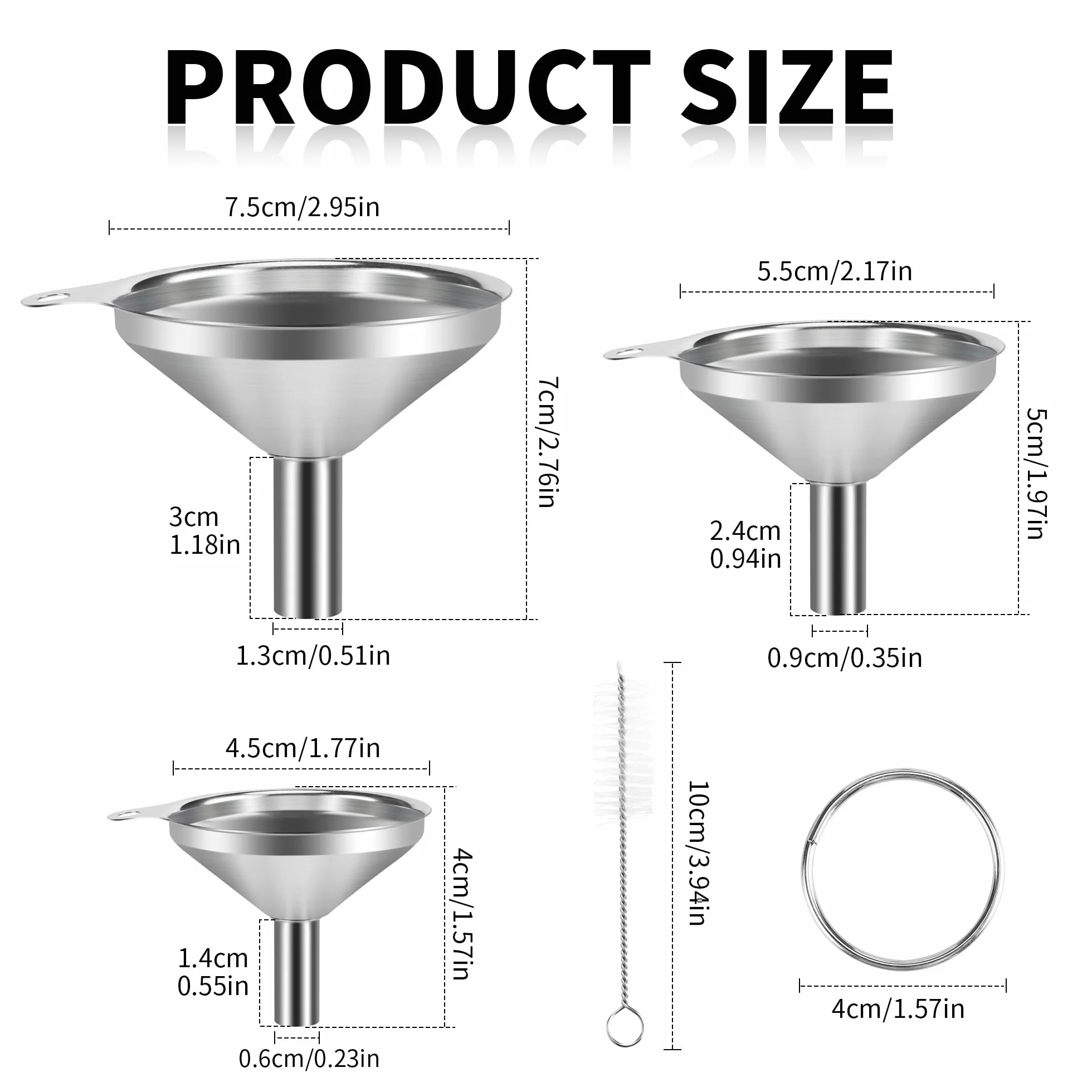 3 Piezas Embudo de Cocina en Acero Inoxidable con Cepillo de Limpieza Embudo Multiusos para Líquidos y Polvos, Diseño Antigoteo para Repostería, Bebidas o Almacenamiento