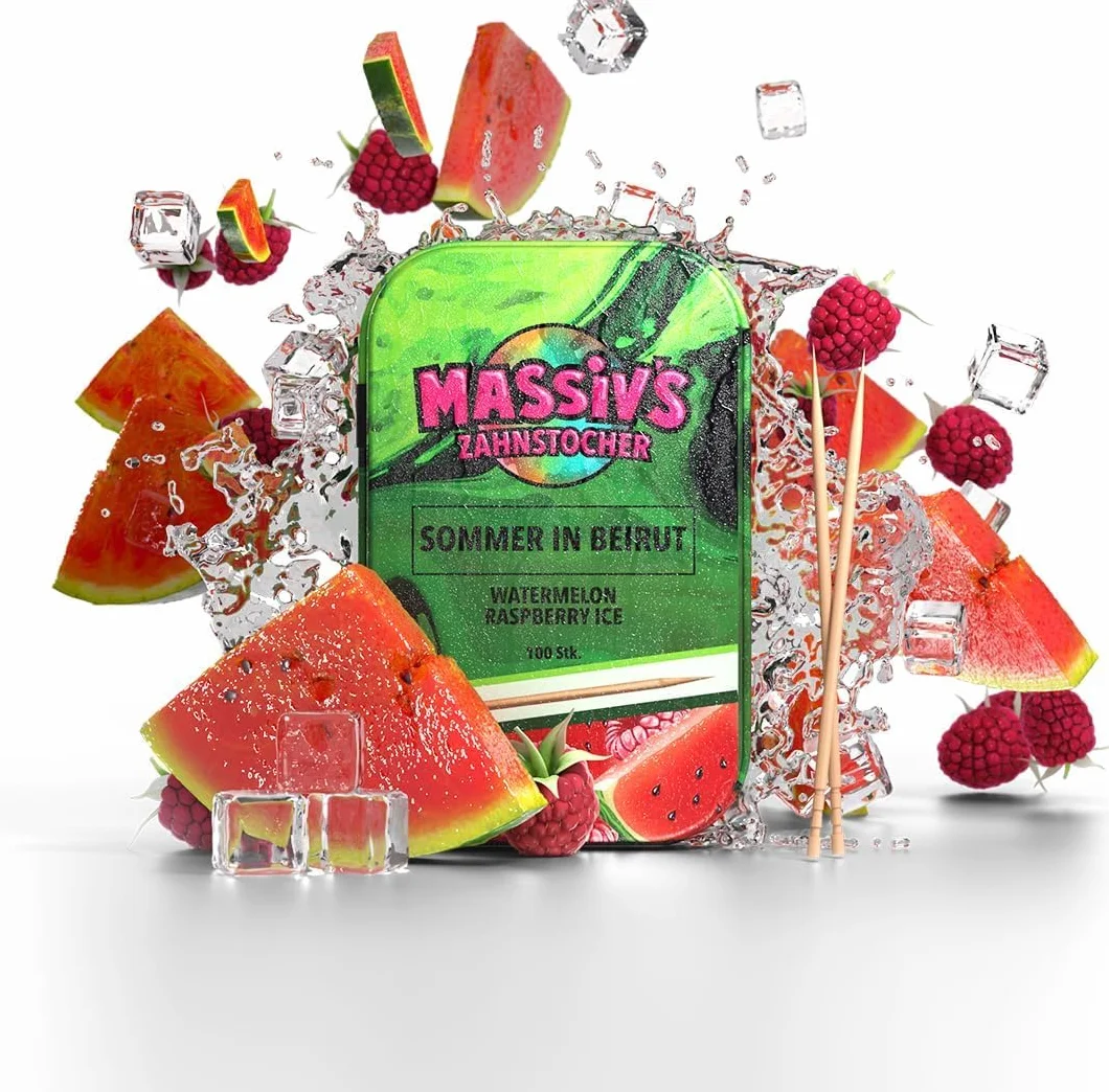 Massiv’s Zahnstocher - Palillos con sabor - SOMMER IN BEIRUT Sandía Frambuesa Ice - 100 palillos - Aliento fresco - Caja metálica estilizada - Sin azúcar - higiene bucal - contra morderse las uñas | Palillos de dientes con sabor a sandía Raspberry Ice 100