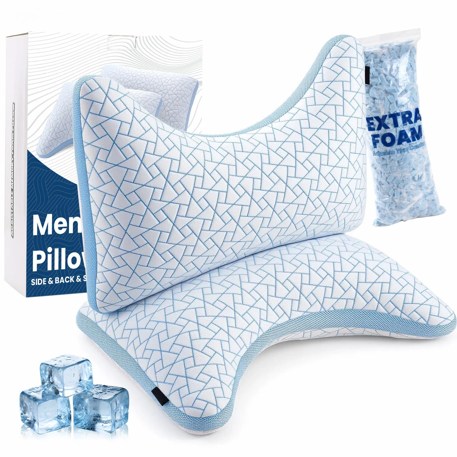 Almohada Viscoelástica Regulable, Soporte Cervical, Alivia Dolor de Cuello | Tamaño Queen*2, Curva Ergonómica, Altura/Firmeza Regulable, Funda Reversible Lavable, Lado Bambú & Lado Fresco, OEKO-TEX