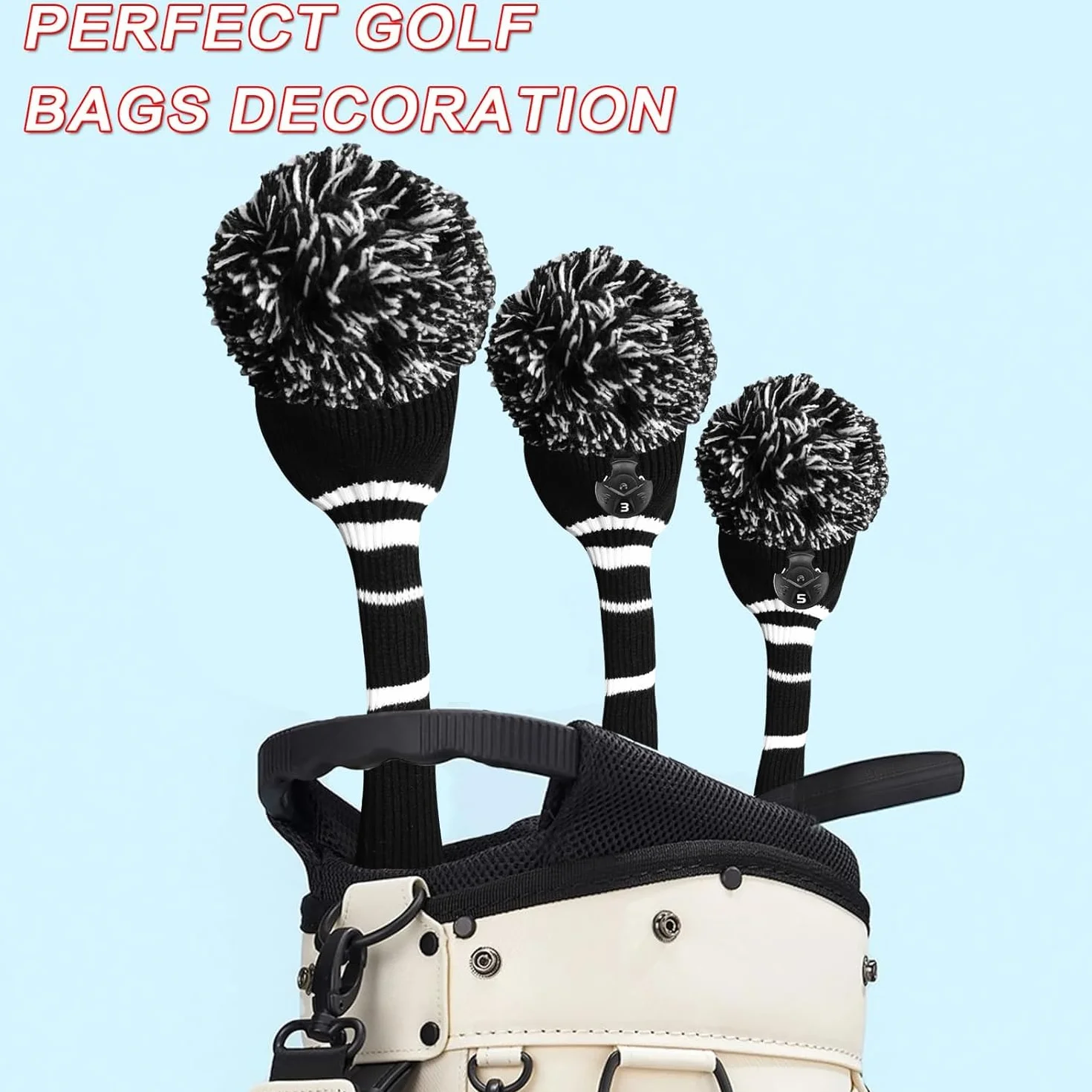 Fundas para Cabeza de Golf con Pompones Juego de 3 o 4 para Madera 1, 3, 5, Híbrido