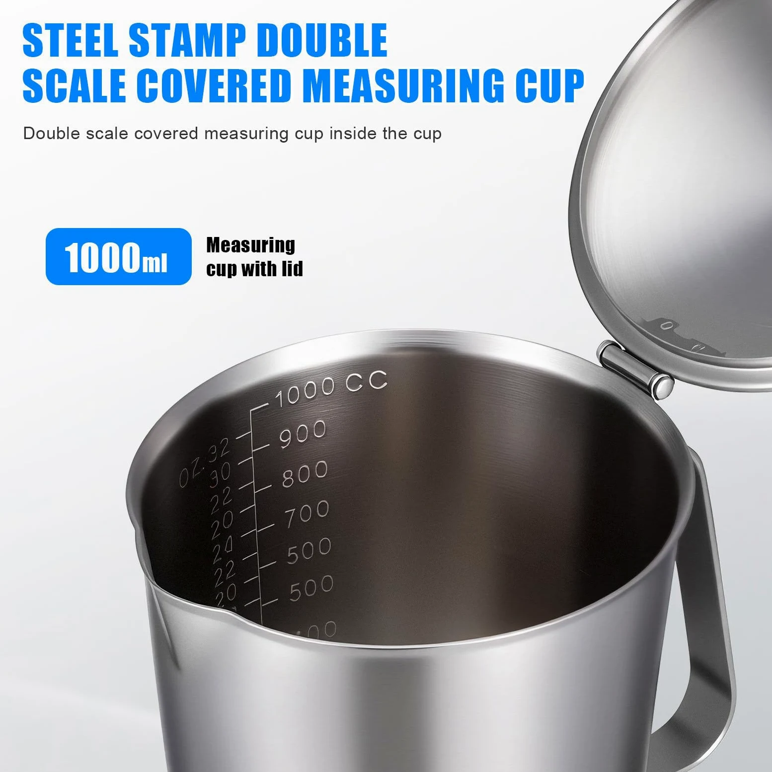 Taza Medidora que Evita Leche se Enfríe Rápido con Tapa Anti-caída 1000ml de Acero Inoxidable Jarra Graduada para Preparar Café con Leche y Barras