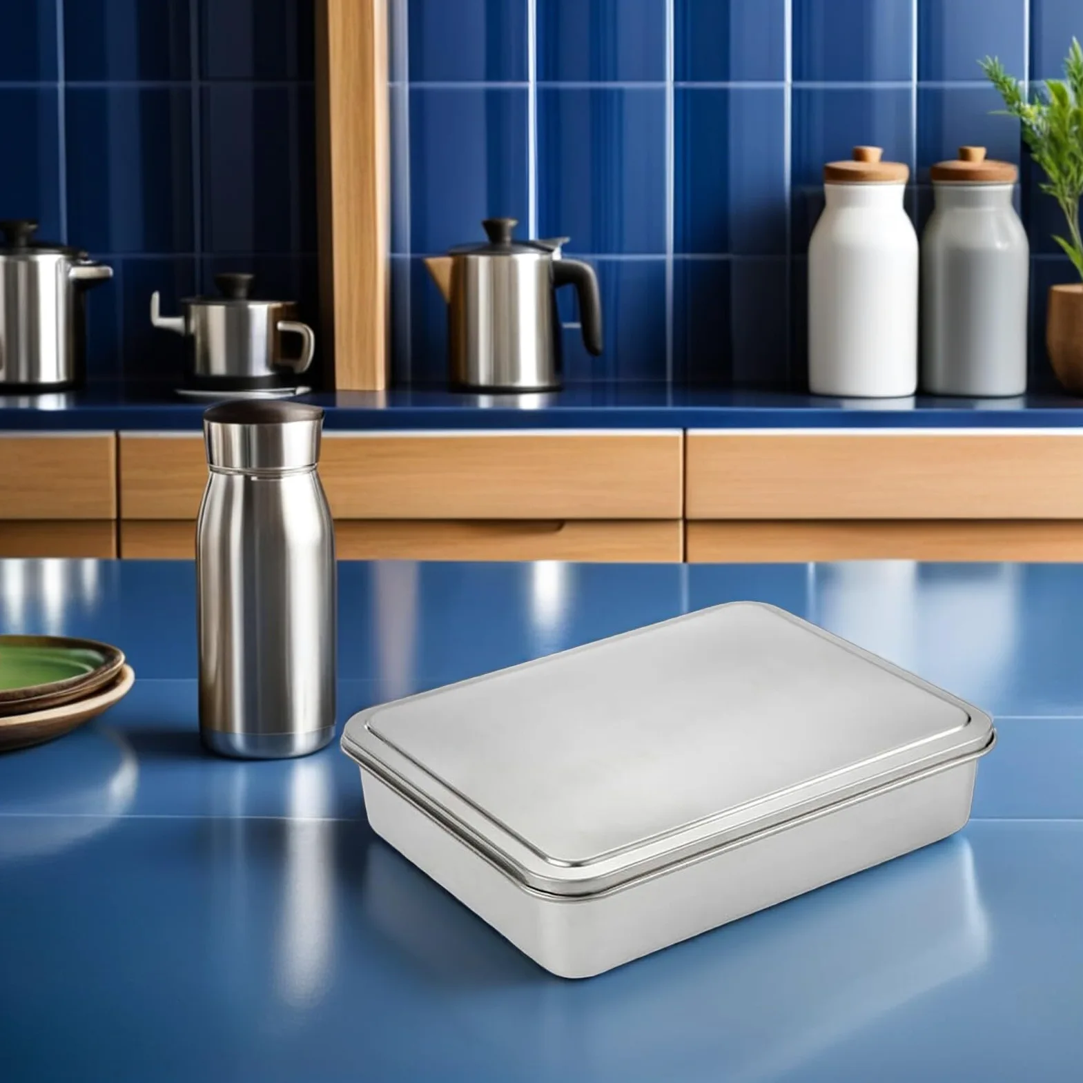 Molde para Pasteles Rectangular de Acero Inoxidable con Tapa Antiadherente Tamaño 335X285X6 CM Adecuado para Hornear Tiramisú y Conservar Postres Molde de Repostería
