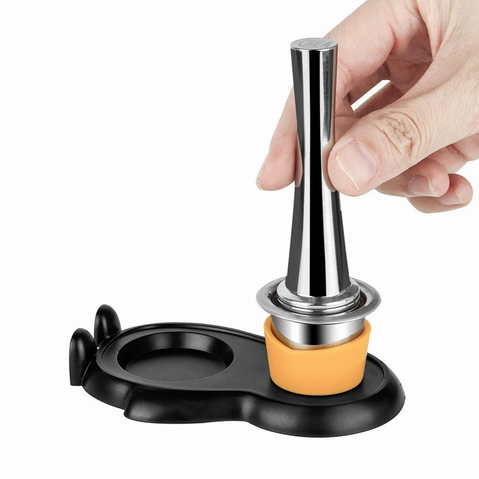 PURPLELILY Martillo de acero inoxidable para prensar café espresso en polvo para portafiltro cápsula, cepillo de limpieza para máquina de café