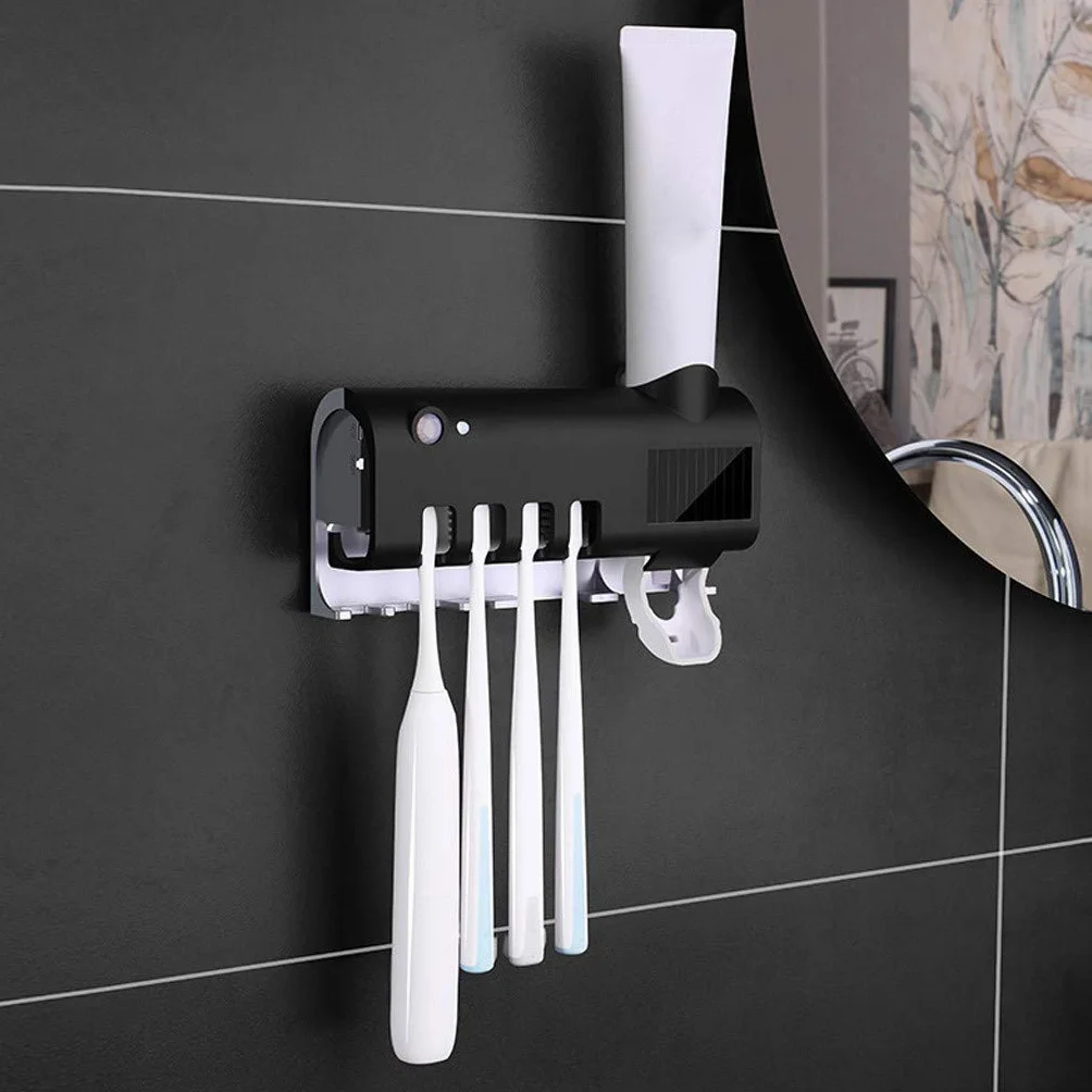Soporte desinfectante para cepillos de dientes con dispensador automático de pasta de dientes, tecnología de inducción corporal, incluye 5 soportes esterilizadores para cepillos de dientes sin