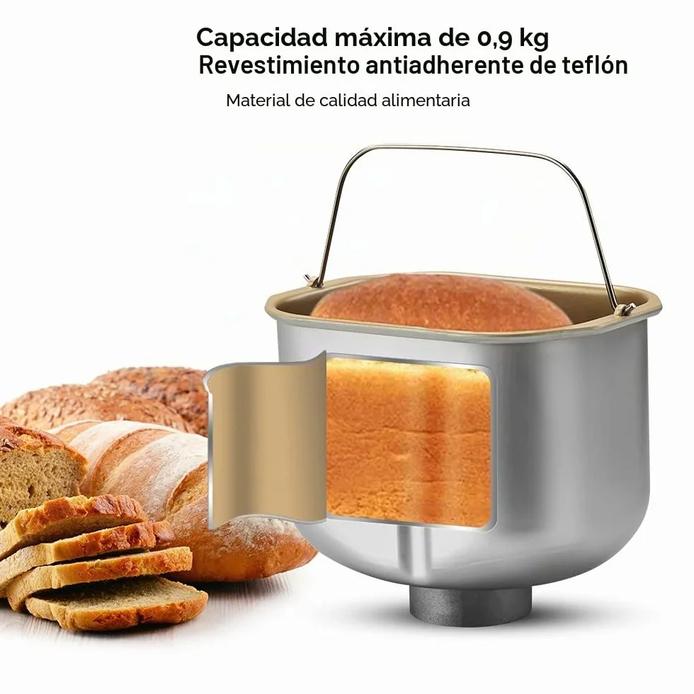 Panificadora de acero inoxidable, 650 W, 19 programas, compartimento automático para ingredientes, para 500 g, 750 g y 1000 g, color plateado