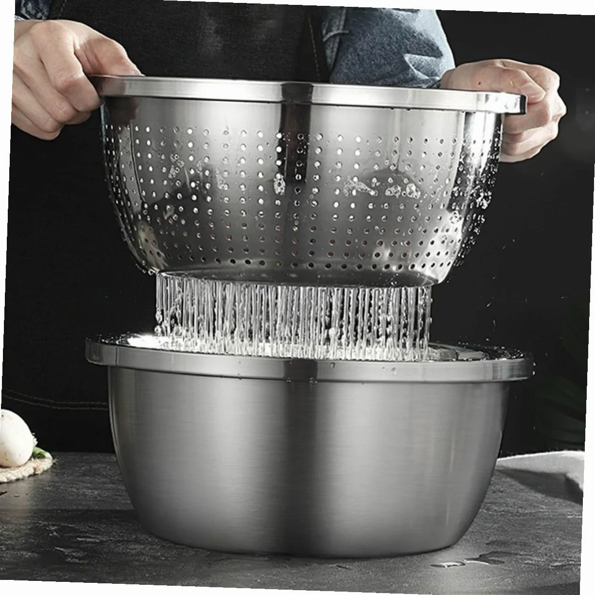 Colador Inoxidable de Acero Verduras Doble Capa | Plata, Malla Fina en Capa Interior, Portátil, para Lavar Fruta y Drenar Agua en Cocina o Camping